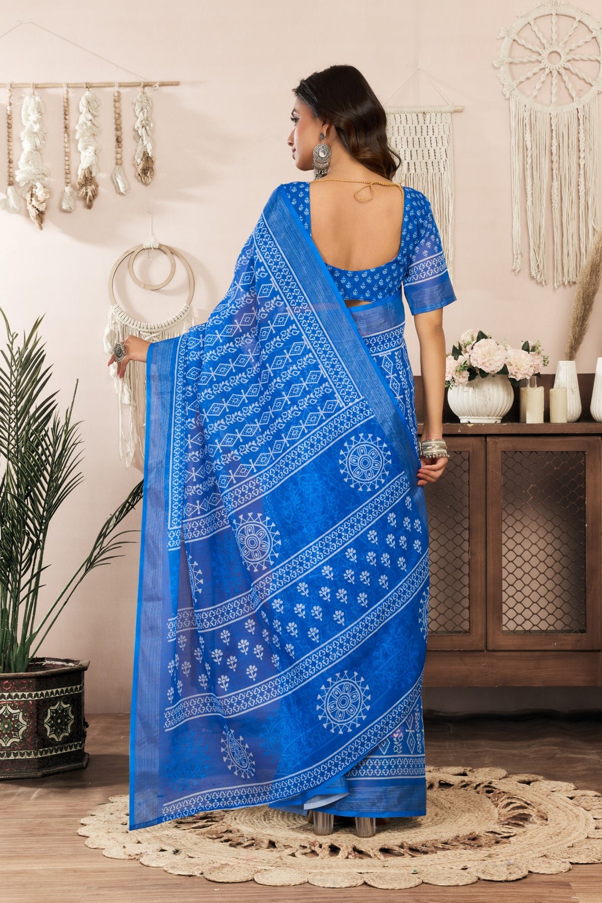Blue Linen Ready To Wear Saree With Zari Border Printed