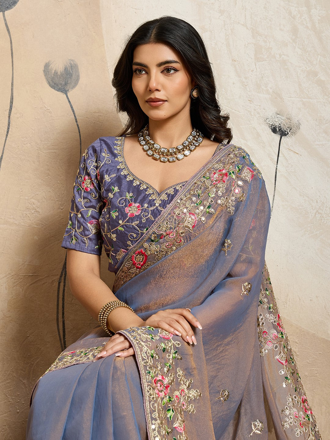 Blue Moss Chiffon Saree With Designer Embroidery