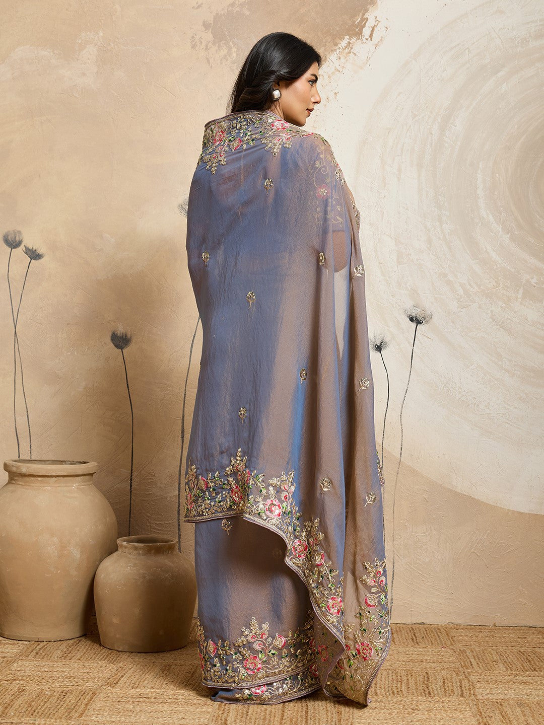 Blue Moss Chiffon Saree With Designer Embroidery