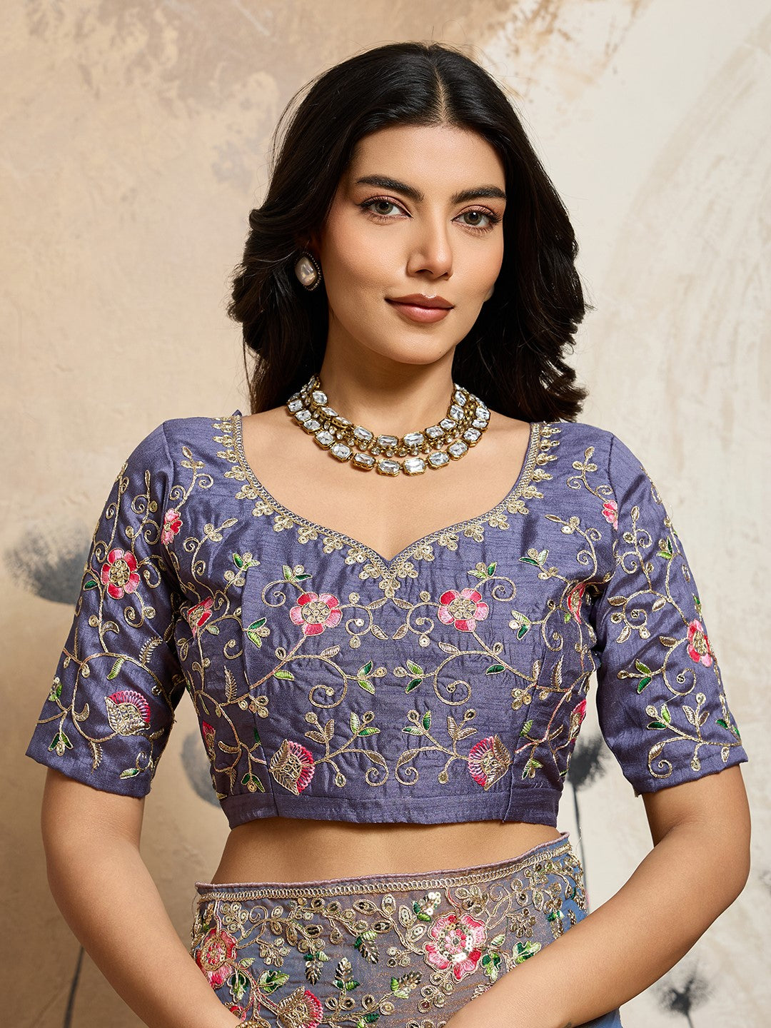 Blue Moss Chiffon Saree With Designer Embroidery