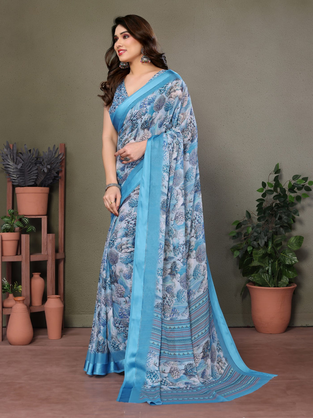 Blue Moss Satin Patta Saree with Digital Print