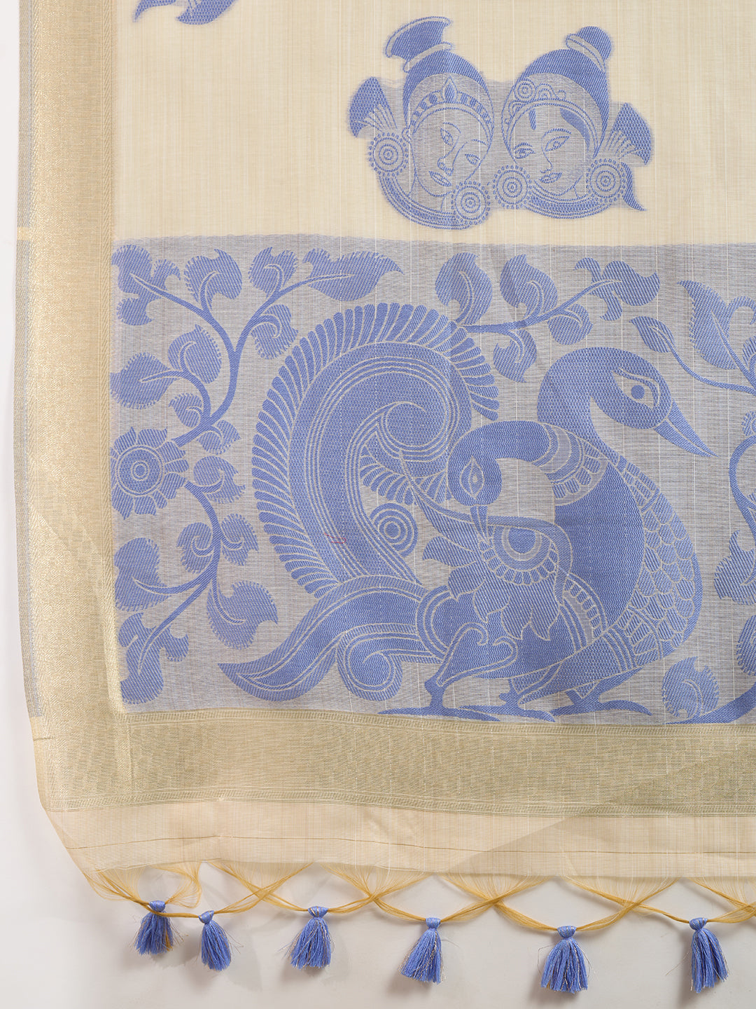 Blue Muga Cotton Saree with Self Checks and Kalamkari Pallu