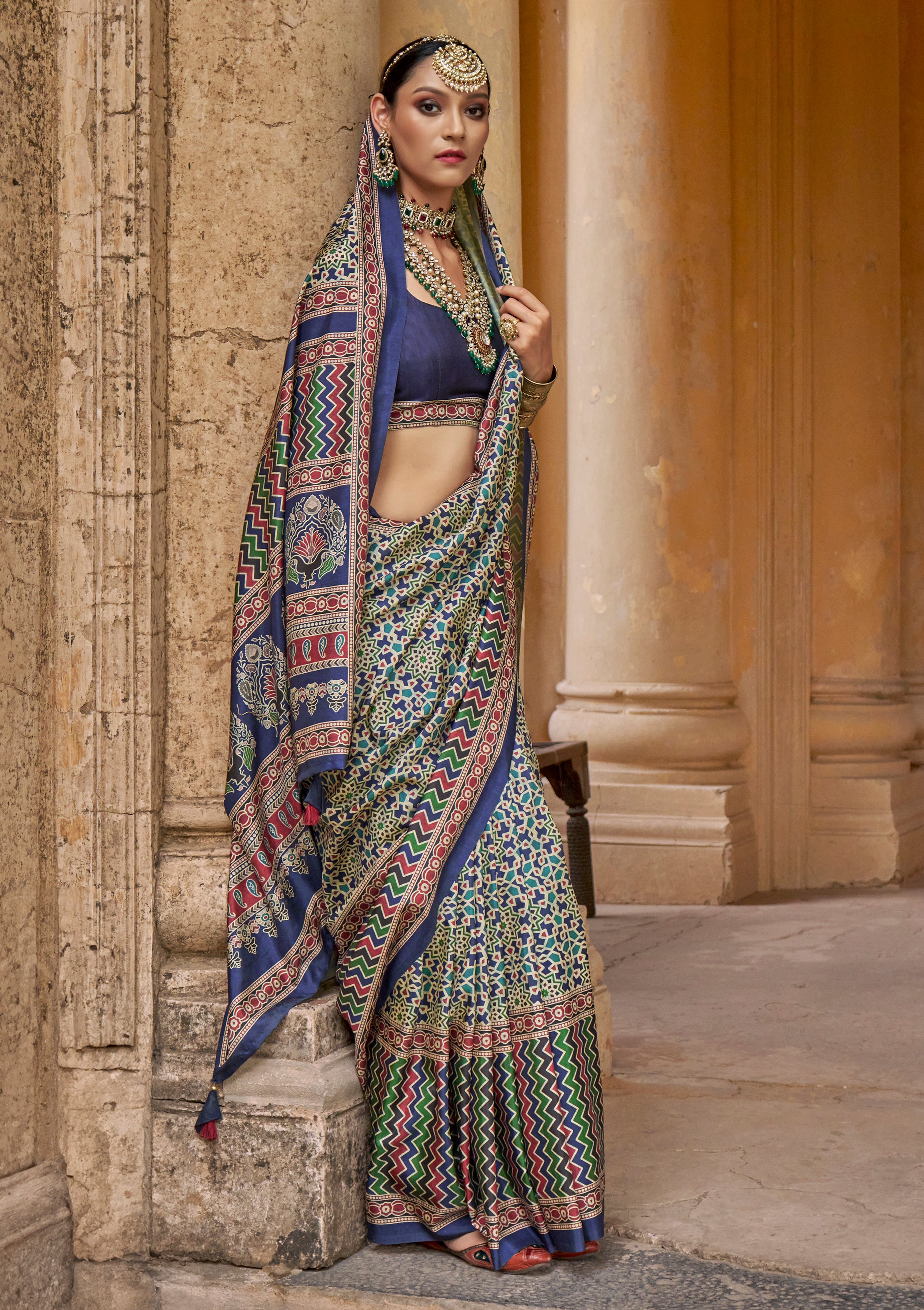 Blue Multicolor PV Silk Saree with Ajrakh Print and Croma Finish