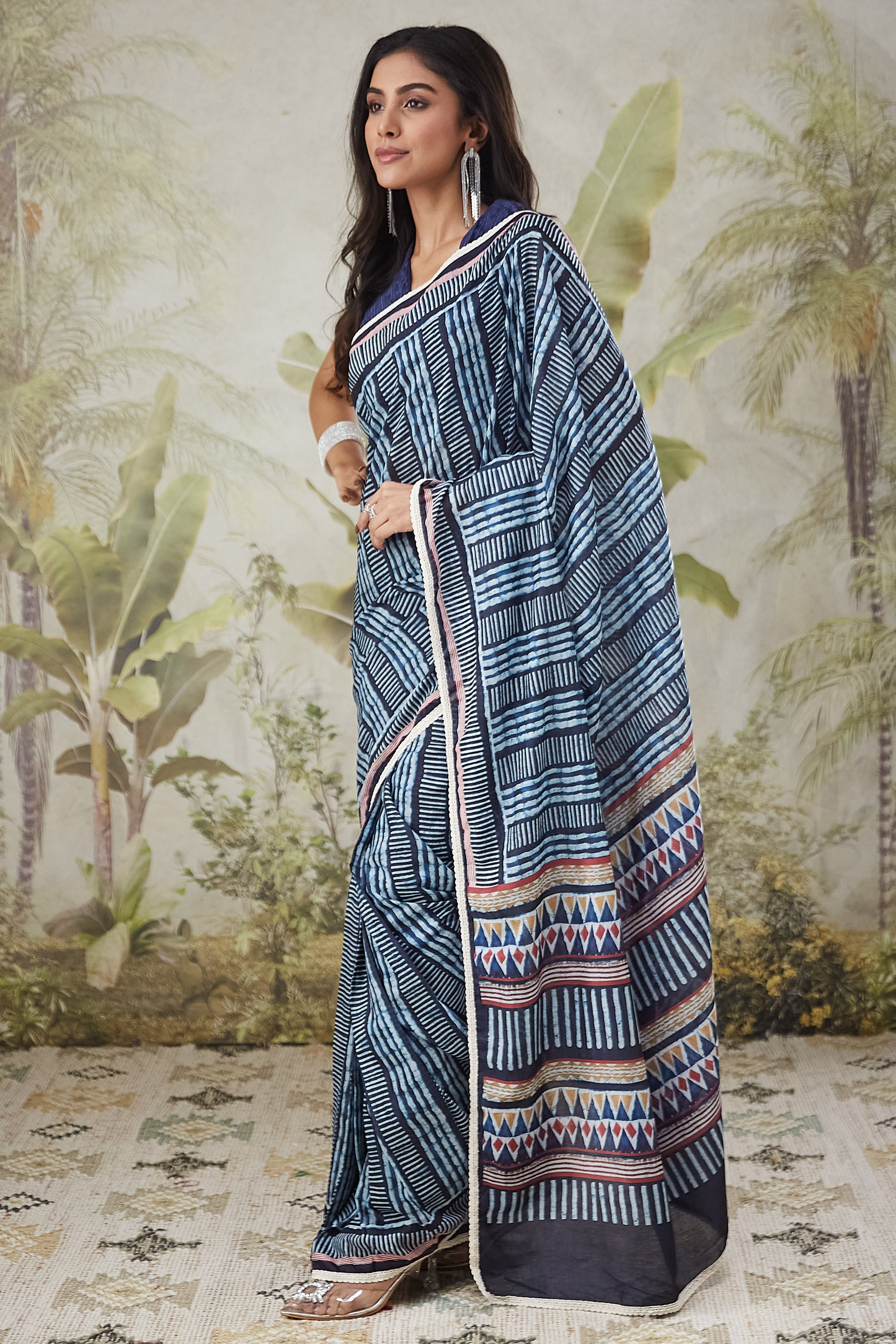 Blue Muslin Designer Printed Ready To Wear Saree