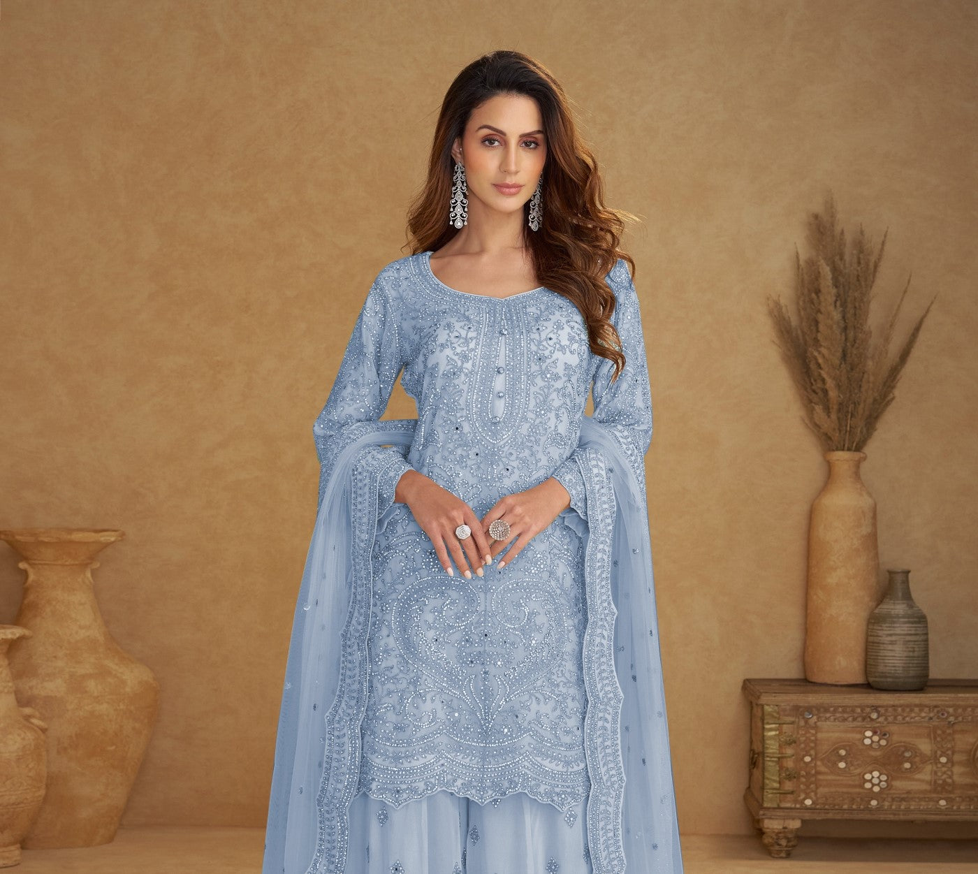 Blue Net Designer Suit Set With Intricate Embroidery