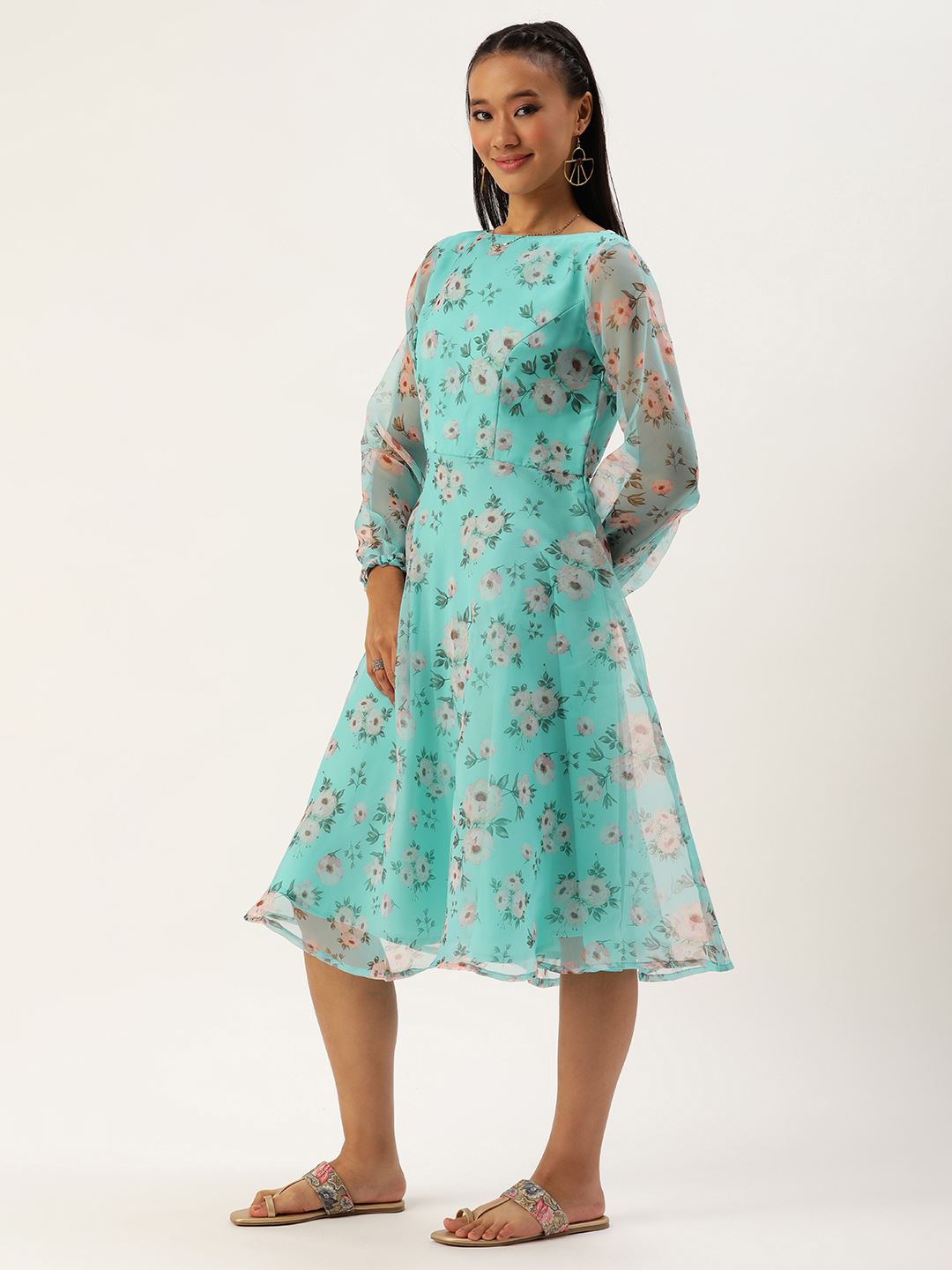 Blue Organza Dresses & Gowns with Floral Print