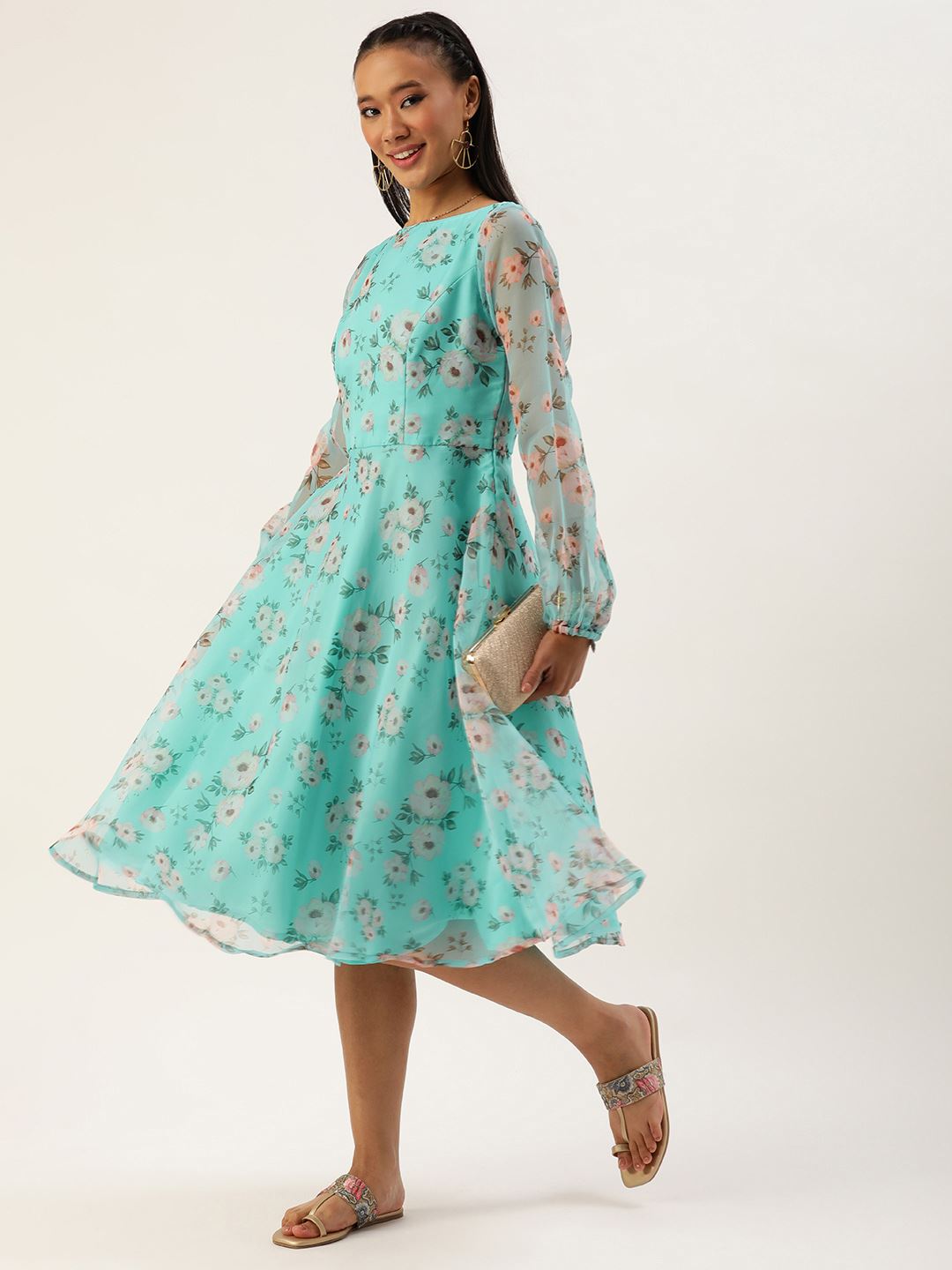 Blue Organza Dresses & Gowns with Floral Print