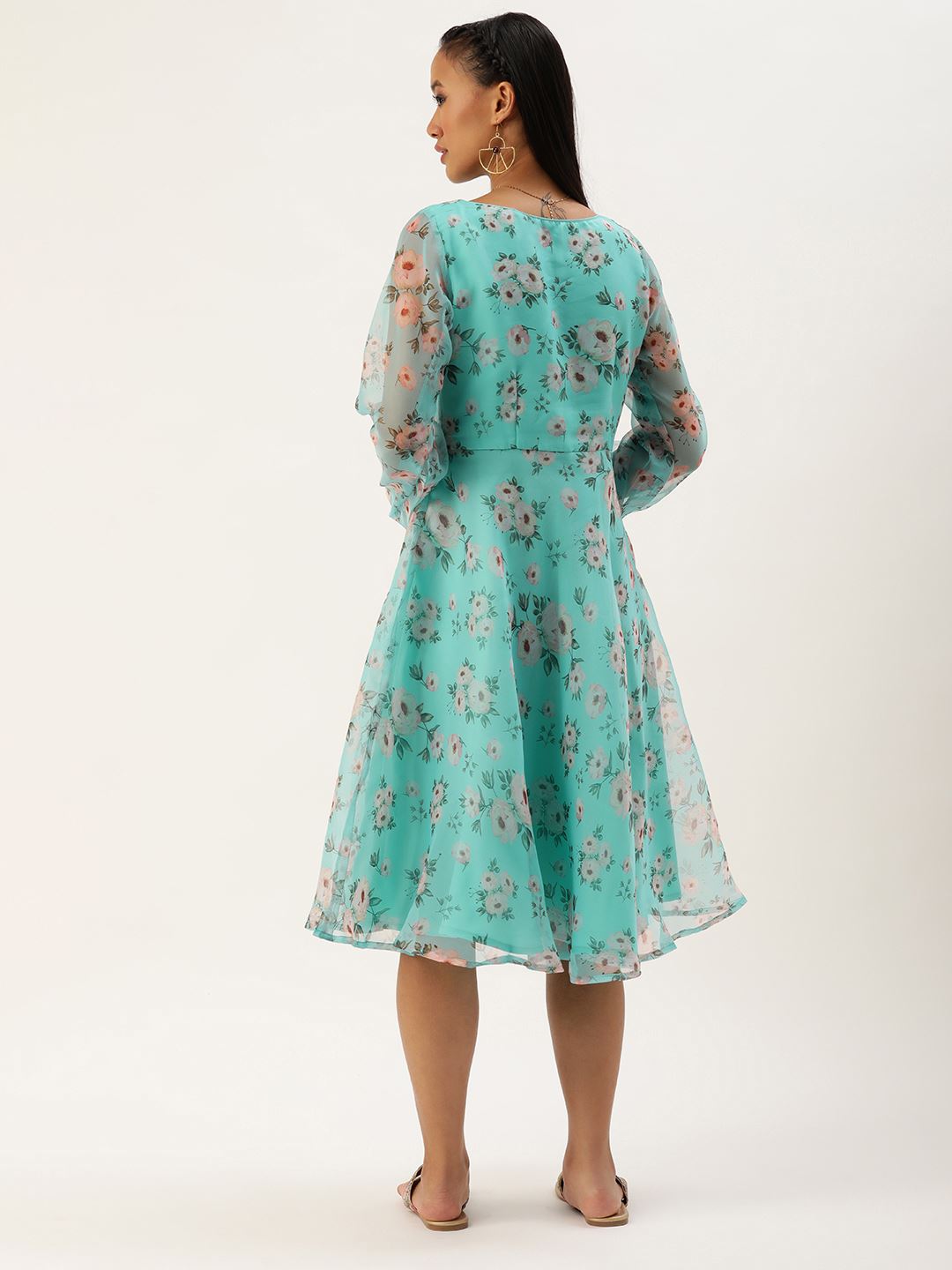Blue Organza Dresses & Gowns with Floral Print