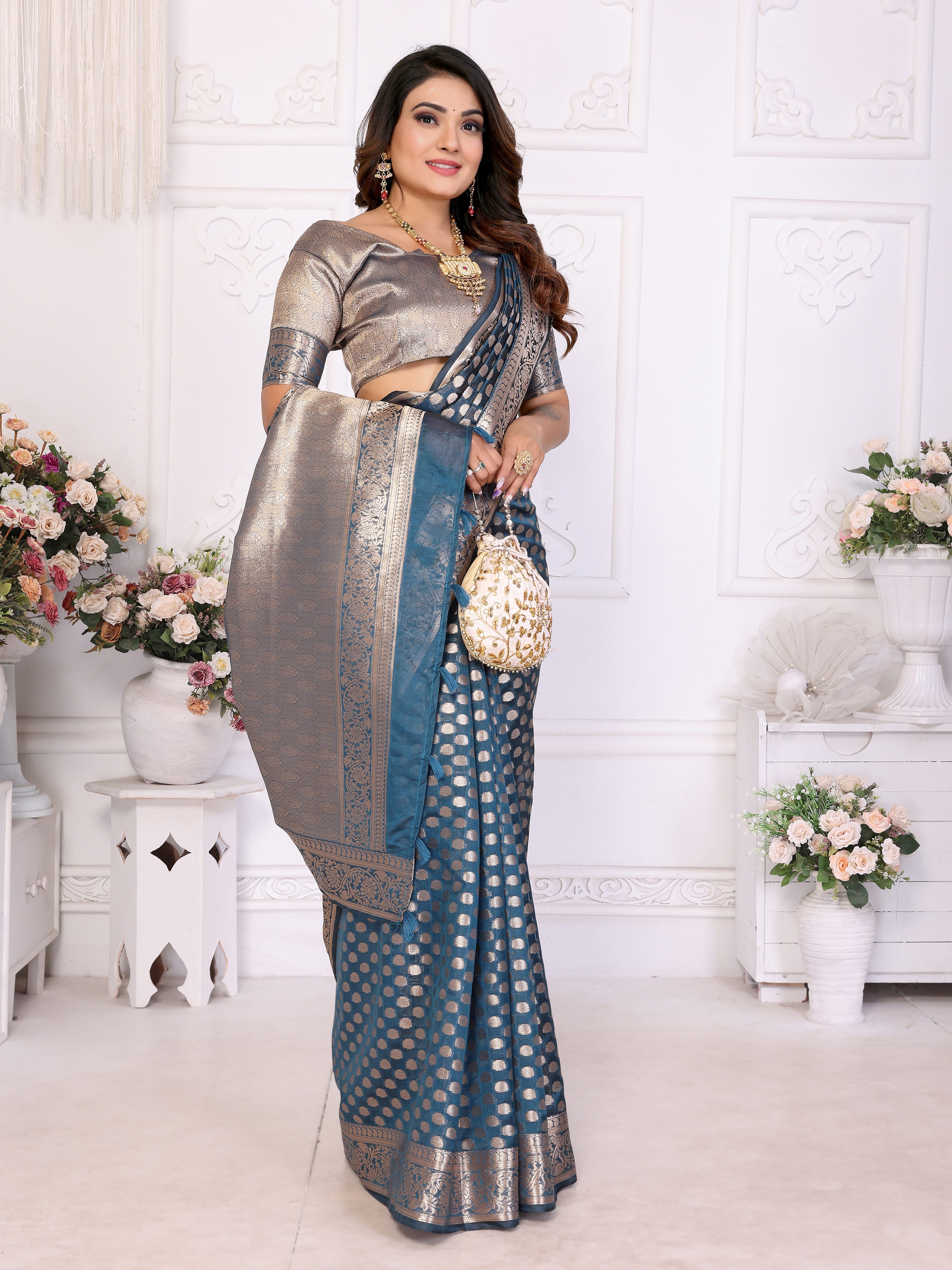 Blue Organza Gold Zari Designer Ceremonial Saree