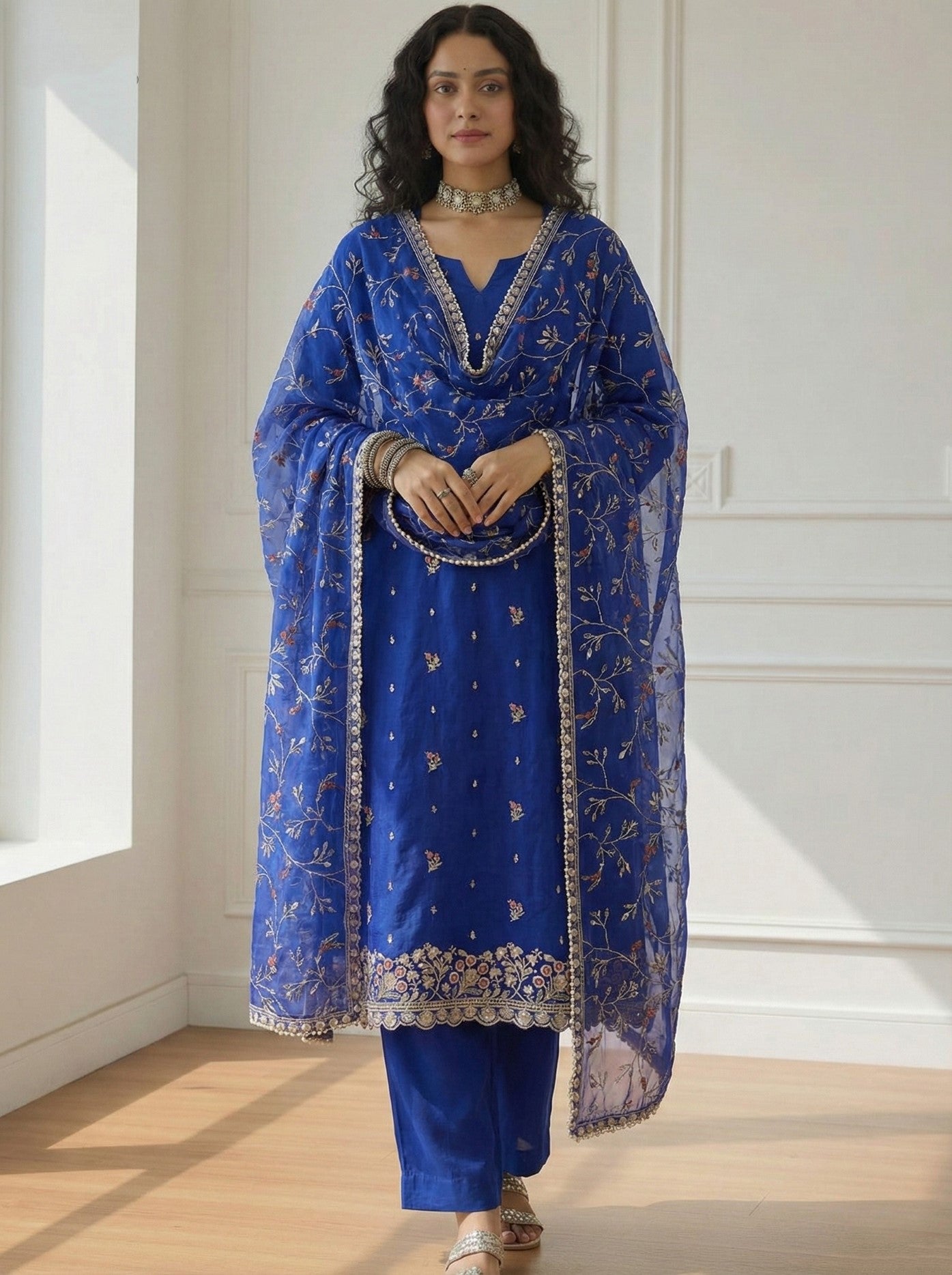 Blue Organza Salwar Suit With Thread Embroidery