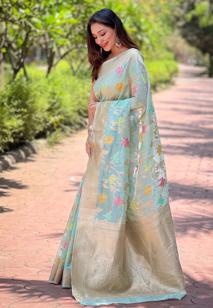 Blue Organza Saree With Woven Work