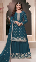 Blue Palazzo Style Salwar Suit With Heavy Embroidery Work
