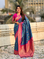 Blue Patola Silk Weaving Ikkat Meenakari Designer Graceful Ceremonial Saree