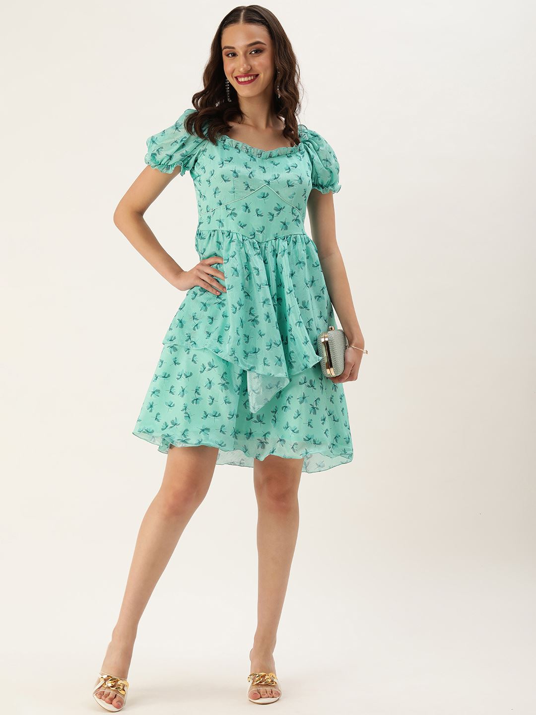 Blue Polyester Dress & Gown With Floral Print