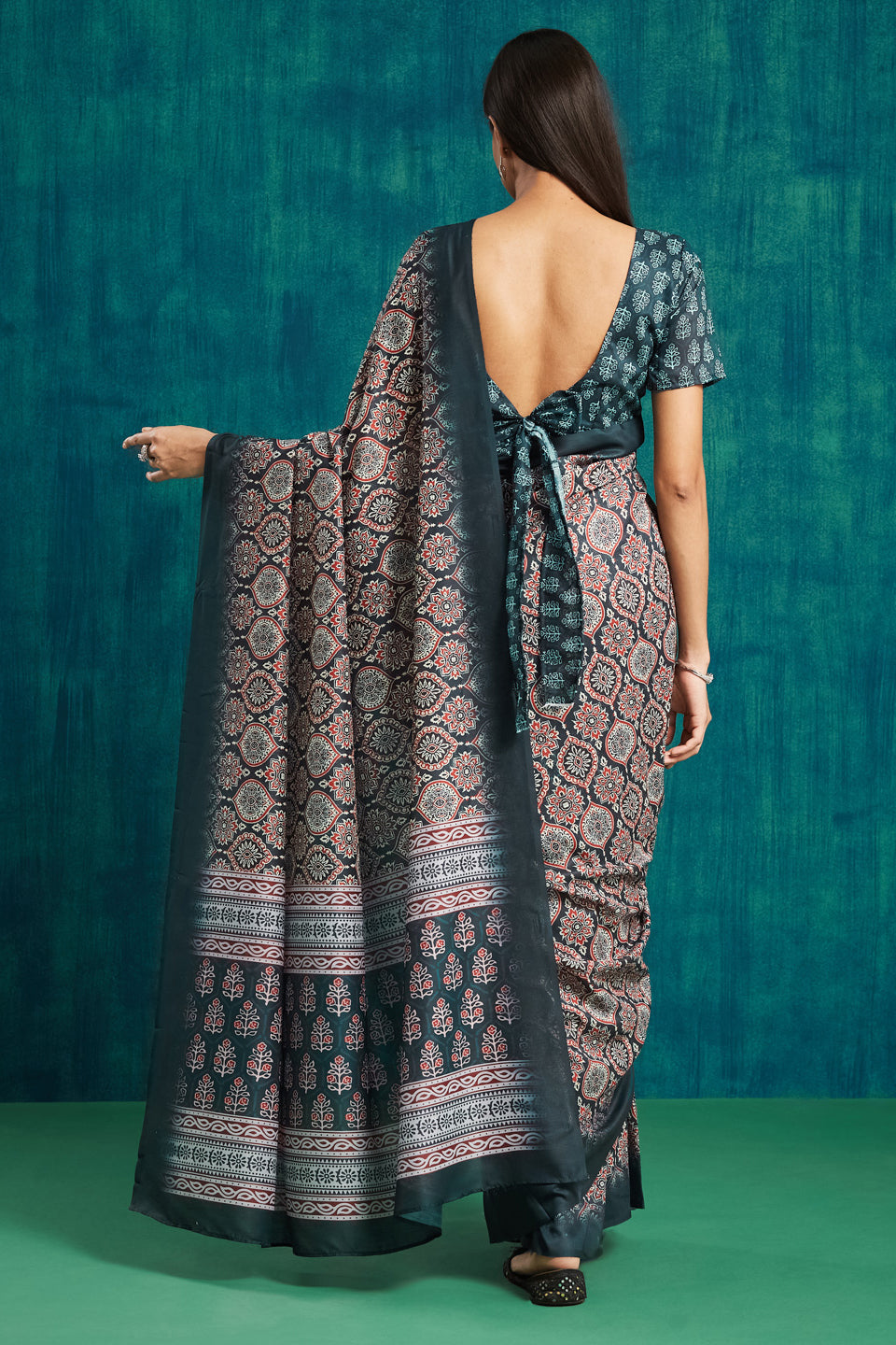 Blue Pre Stitched Muslin Designer Printed Partywear Saree