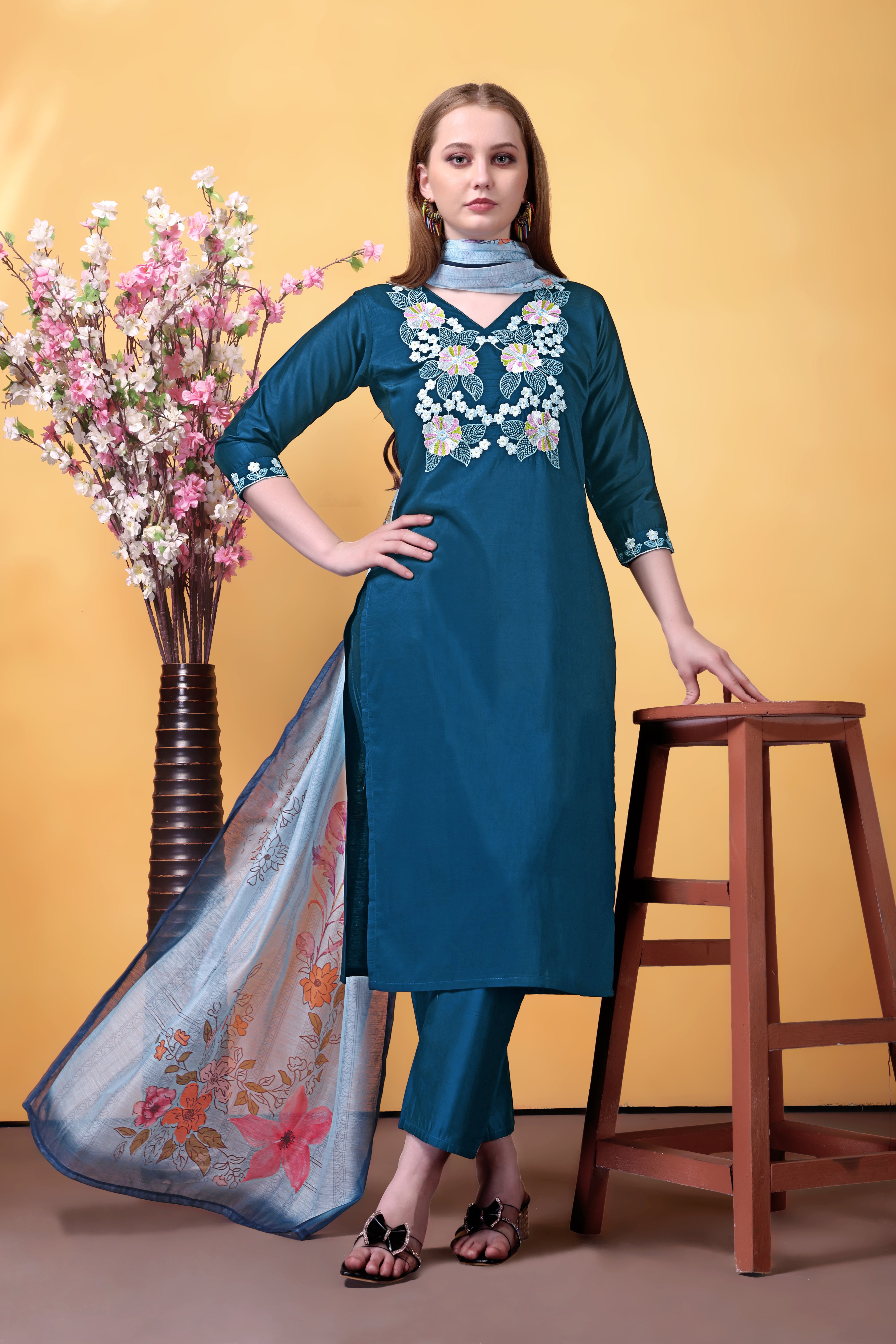 Blue Rayon Kurta Pant Set With Heavy Thread Embroidery Work With Printed Dupatta