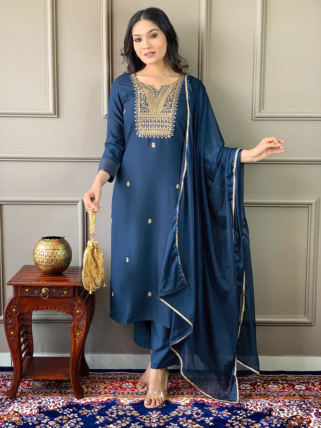 Blue Rayon Slub Elegant Kurta Pant Set With Embroidery Work
