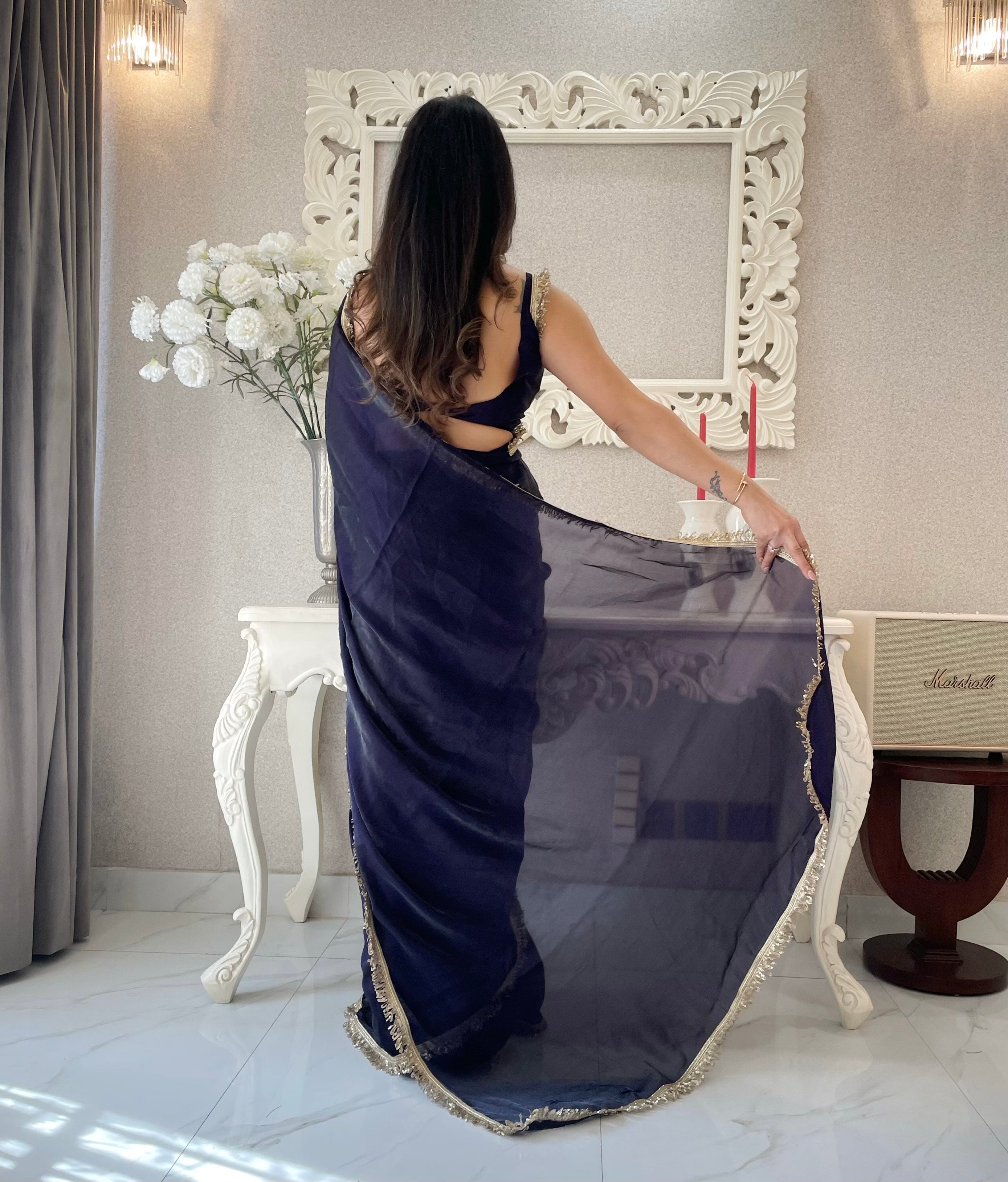 Blue Ready To Wear Fendy Satin Saree Designed With Lace Border