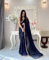 Blue Ready To Wear Fendy Satin Saree Designed With Lace Border