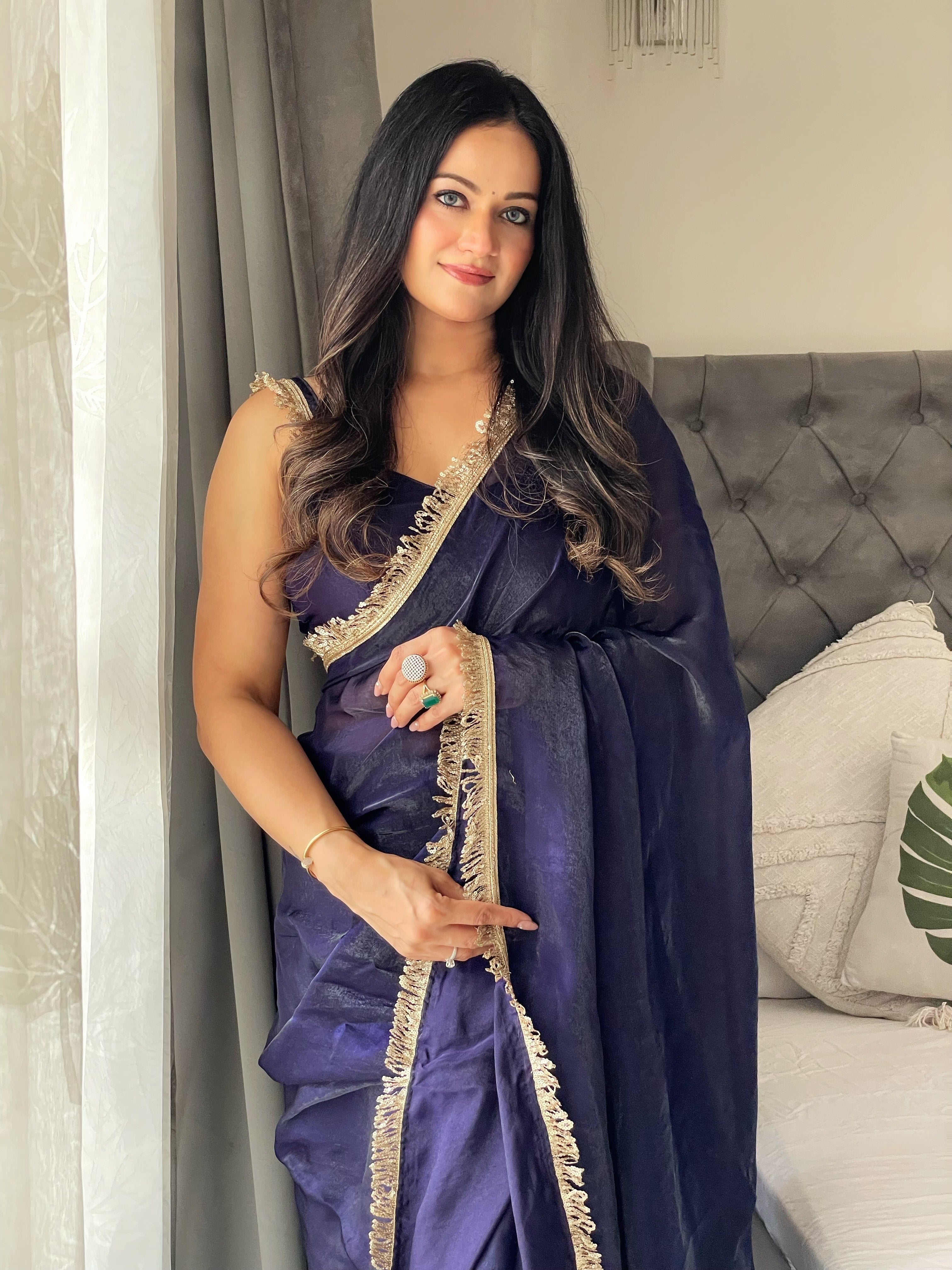 Blue Ready To Wear Fendy Satin Saree Designed With Lace Border