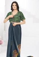 Blue Ready To Wear Gown Style Designer Printed Saree With Embroidery Work Blouse