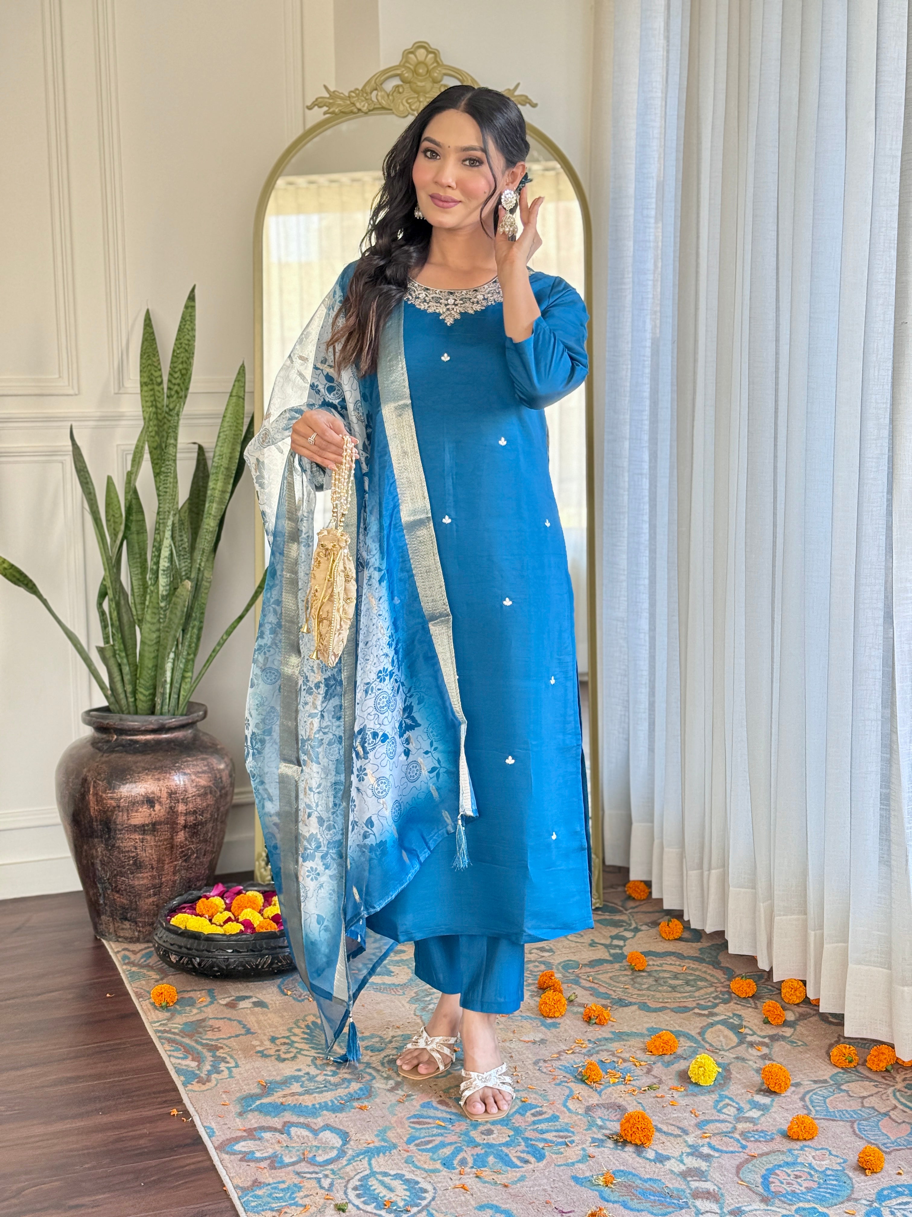 Blue Roman Silk Kurta Pant with Heavy Thread Embroidery Work With Printed Dupatta