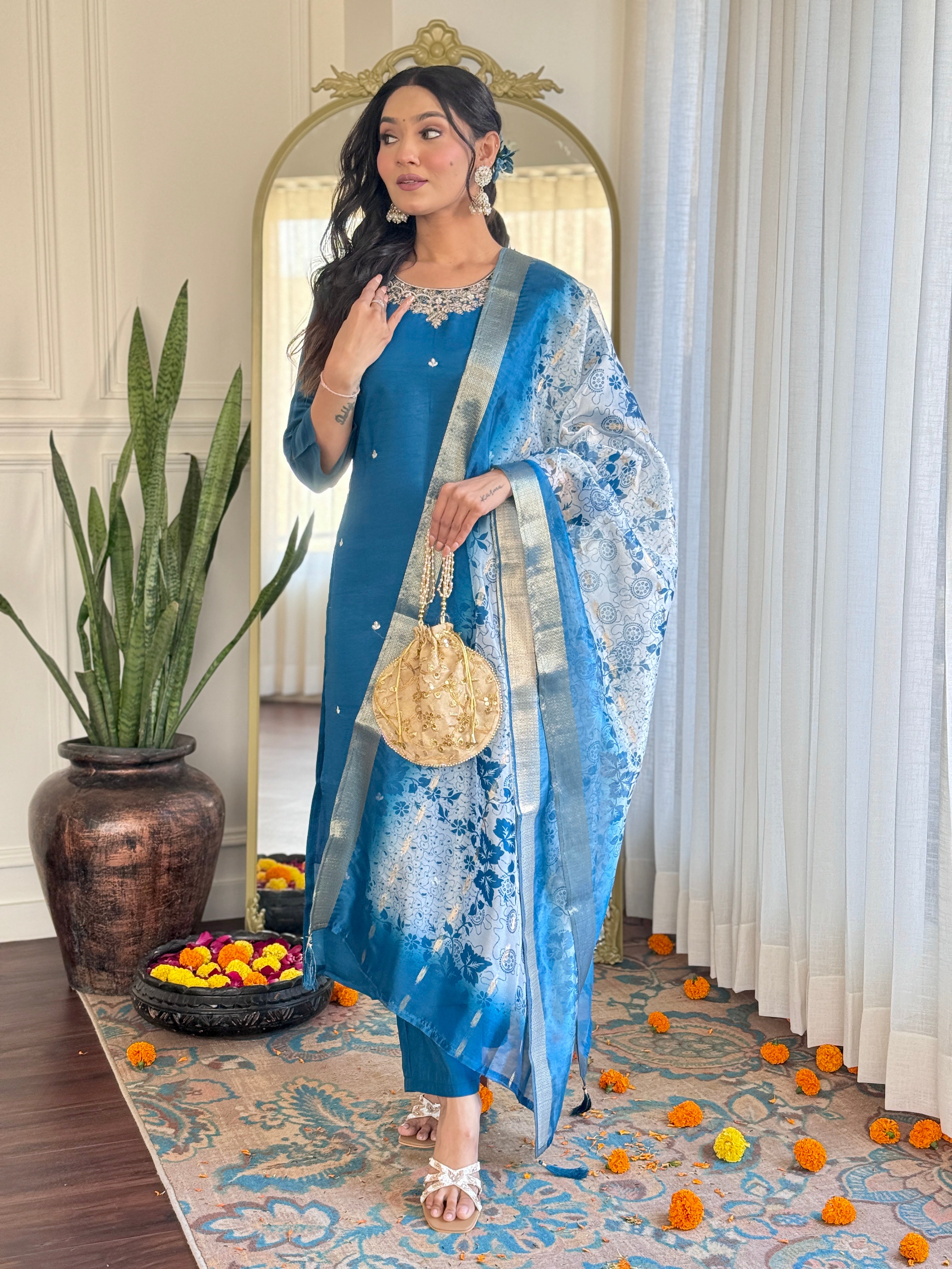 Blue Roman Silk Kurta Pant with Heavy Thread Embroidery Work With Printed Dupatta