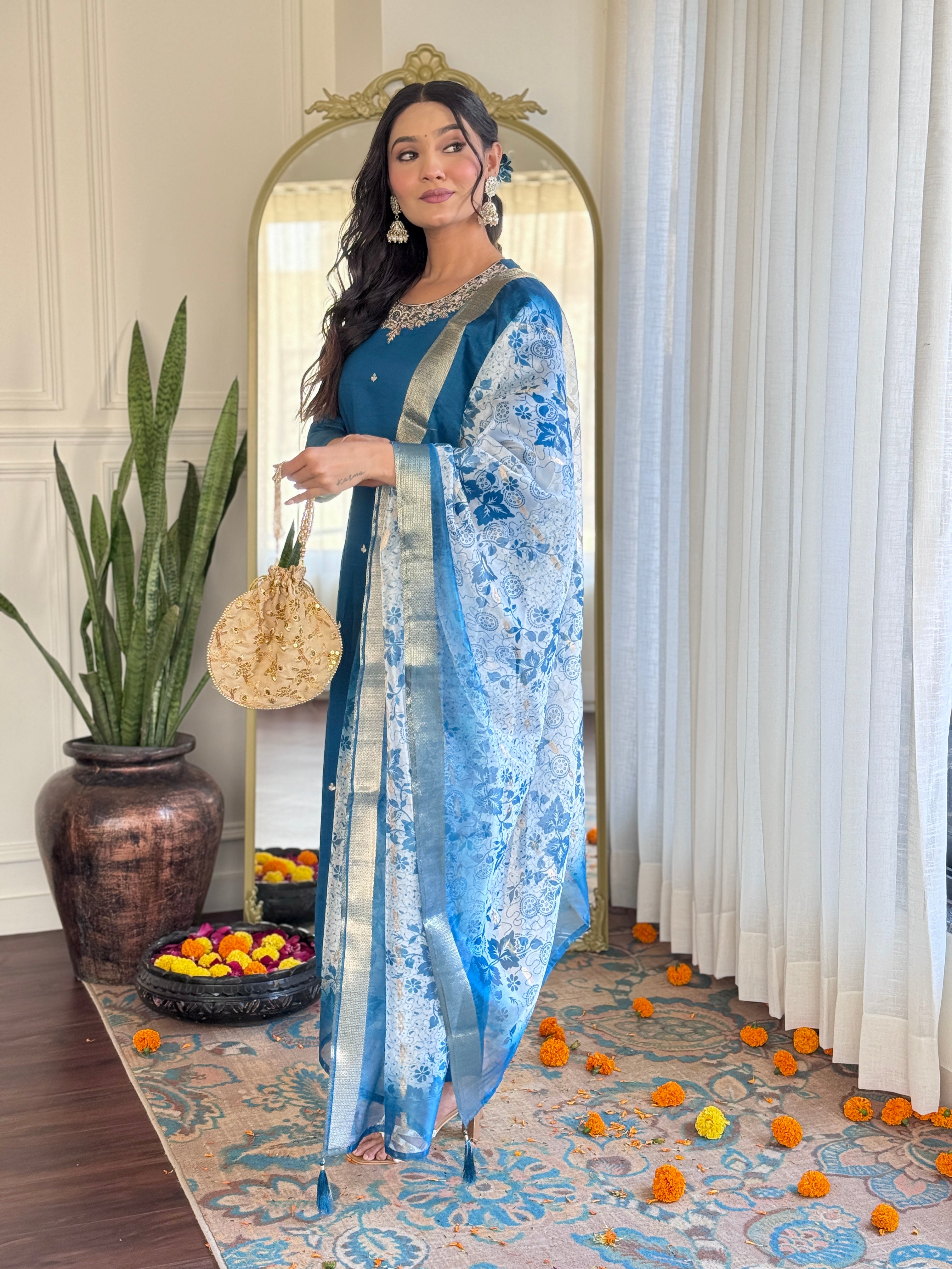 Blue Roman Silk Kurta Pant with Heavy Thread Embroidery Work With Printed Dupatta