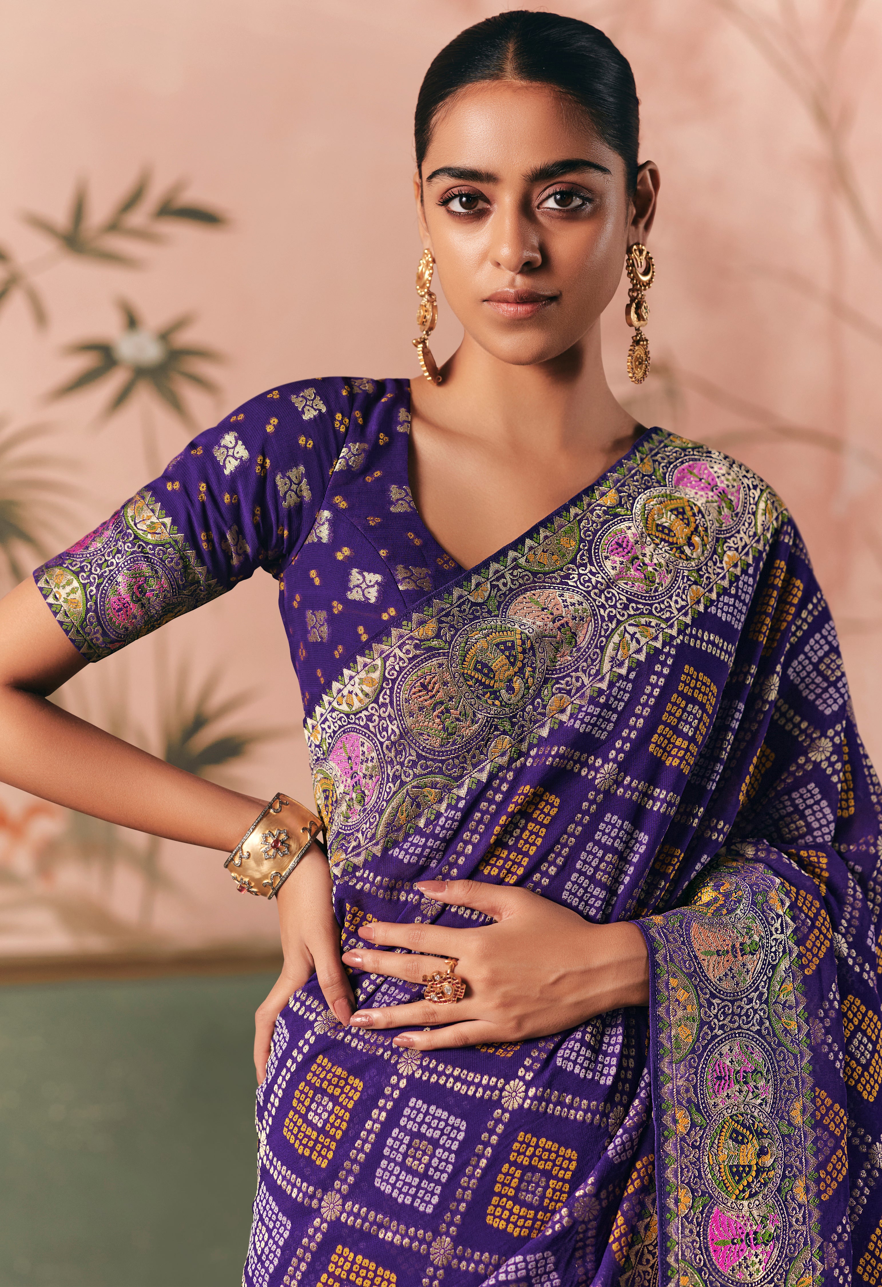 Blue Saree With  Designer Bandhej Weaving Work With Beutifull Tassles Attached