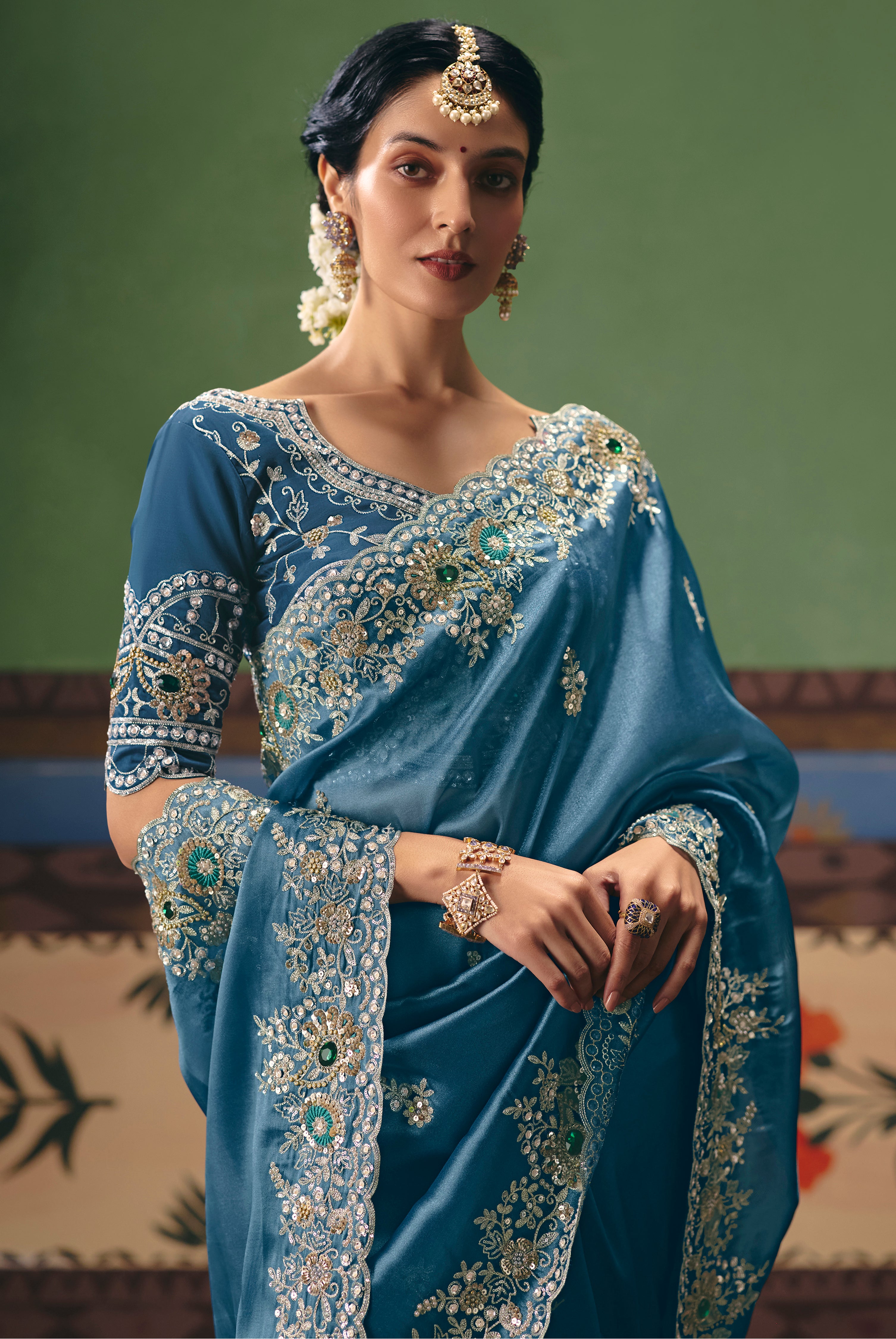 Blue Saree With  Heavy Designer Embroidery, Sequince, Stone, Pearl With Beads Work