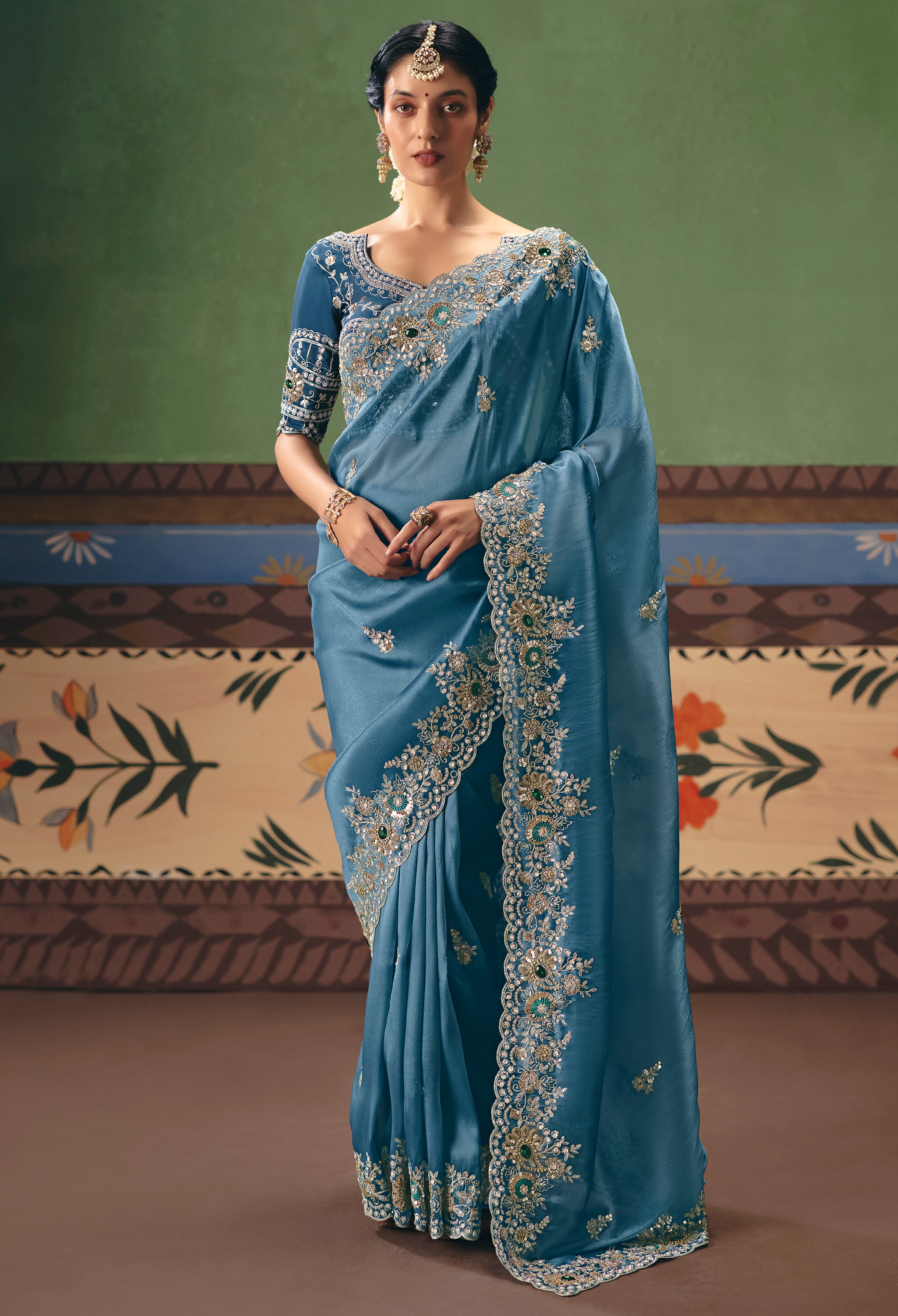 Blue Saree With  Heavy Designer Embroidery, Sequince, Stone, Pearl With Beads Work