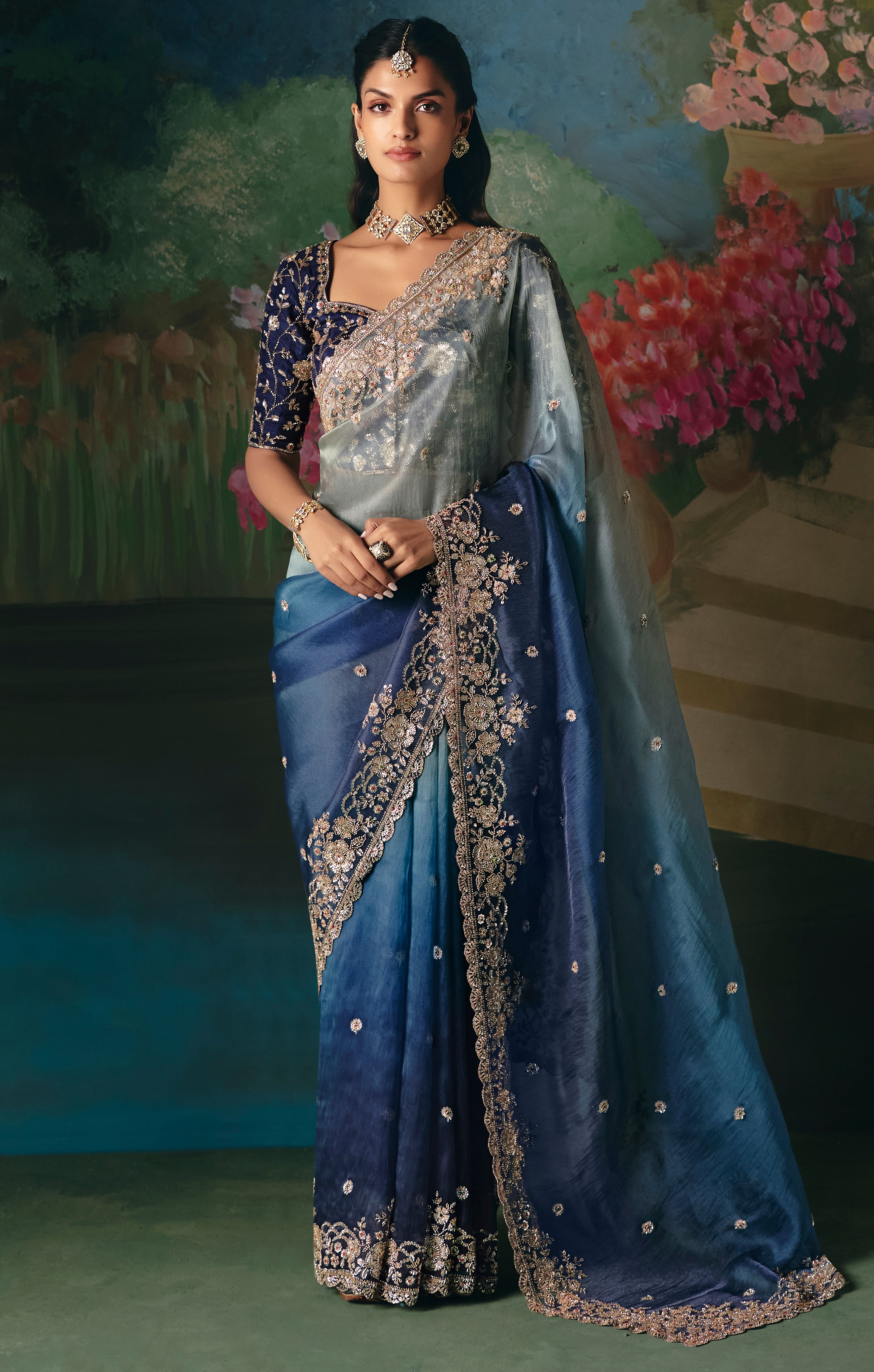 Blue Saree With  Heavy Designer Embroidery, Sequince, Stone, With Beads Work