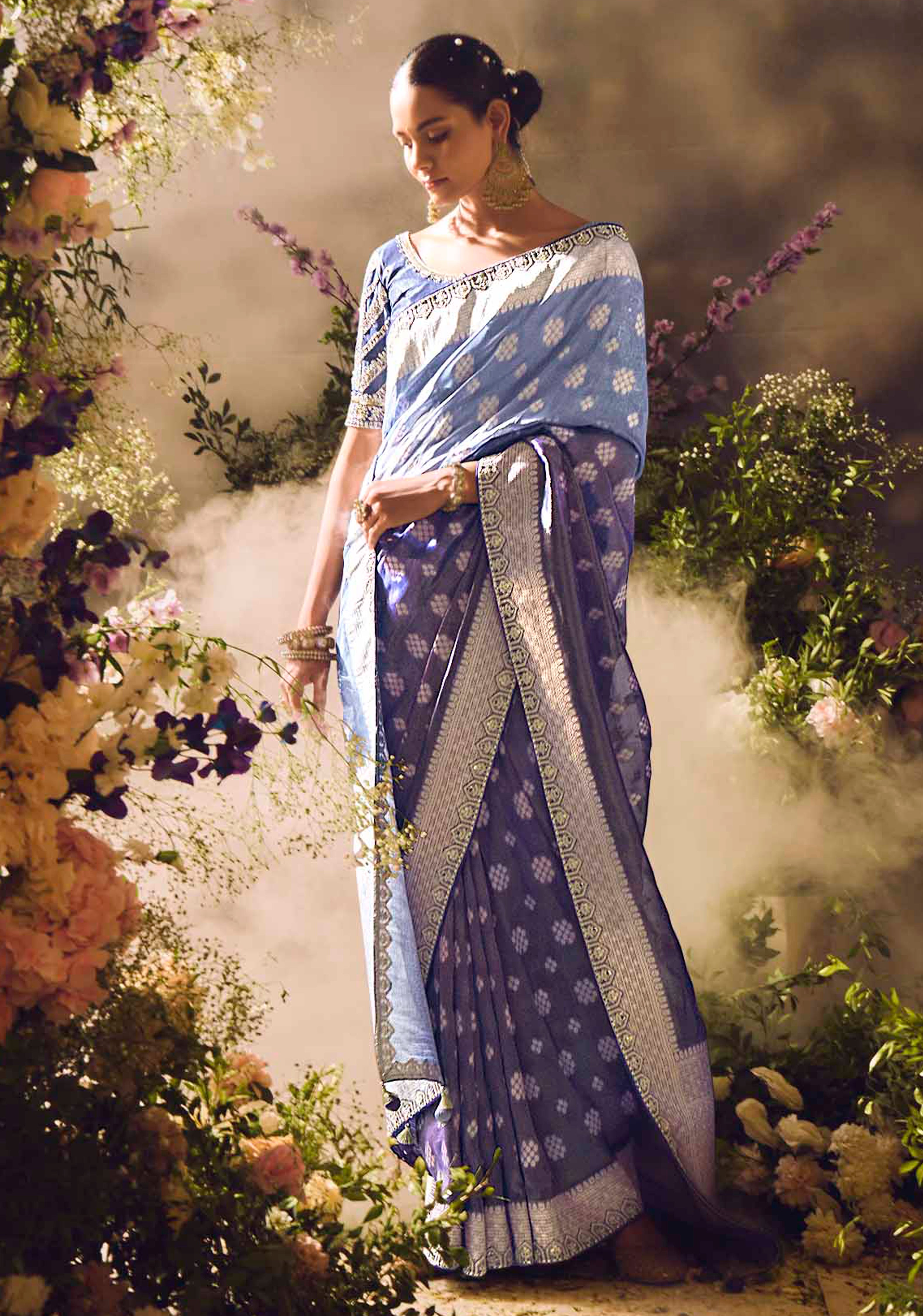 Blue Saree With  Jacquard Woven Work with Embroidered Lace Border