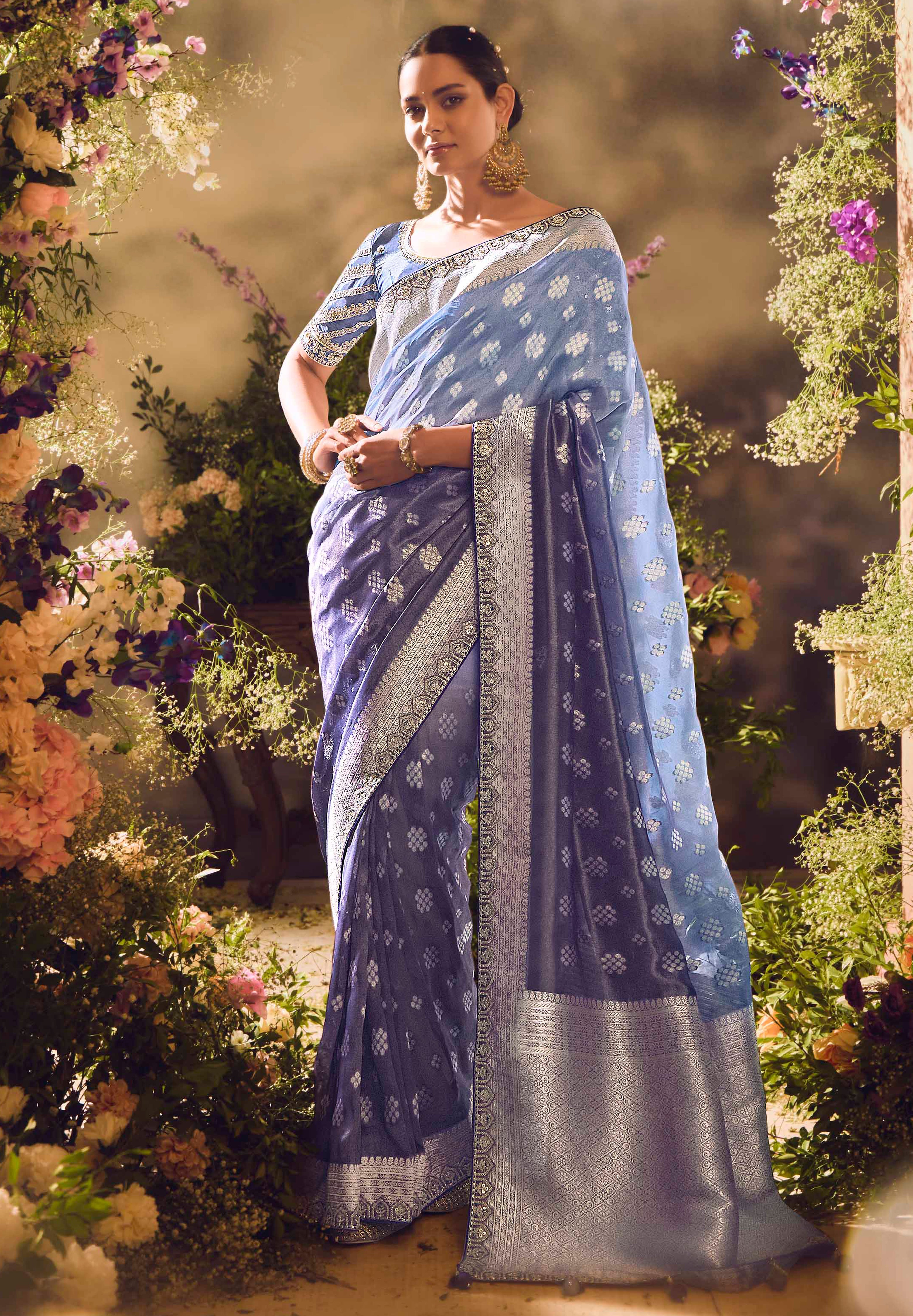 Blue Saree With  Jacquard Woven Work with Embroidered Lace Border