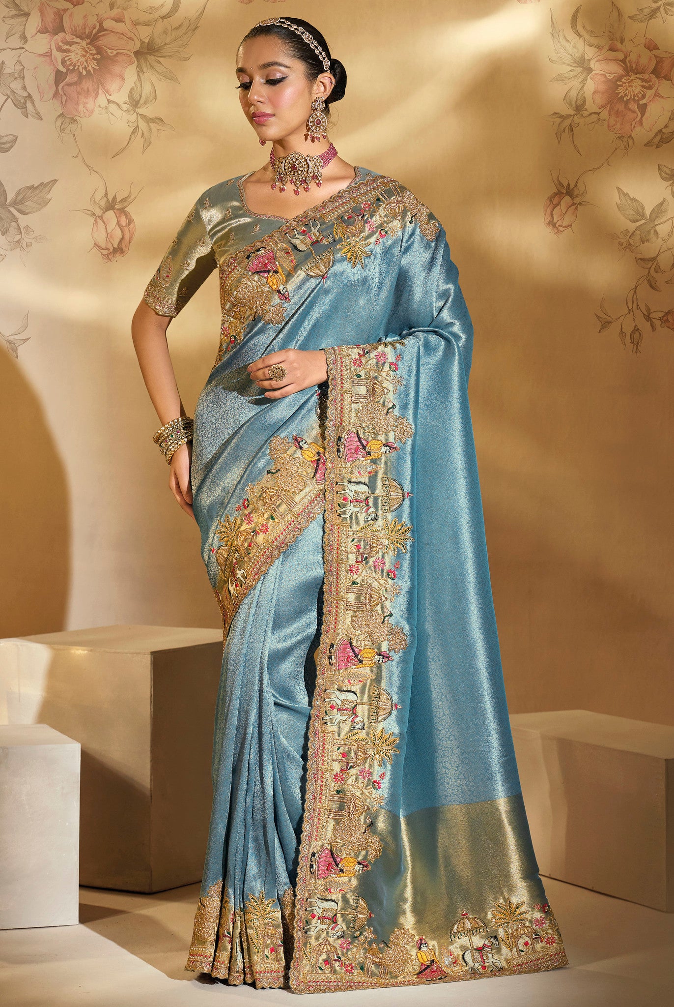 Blue Saree With  Jari, Thread, Cut-Dana With Moti Heavy Work