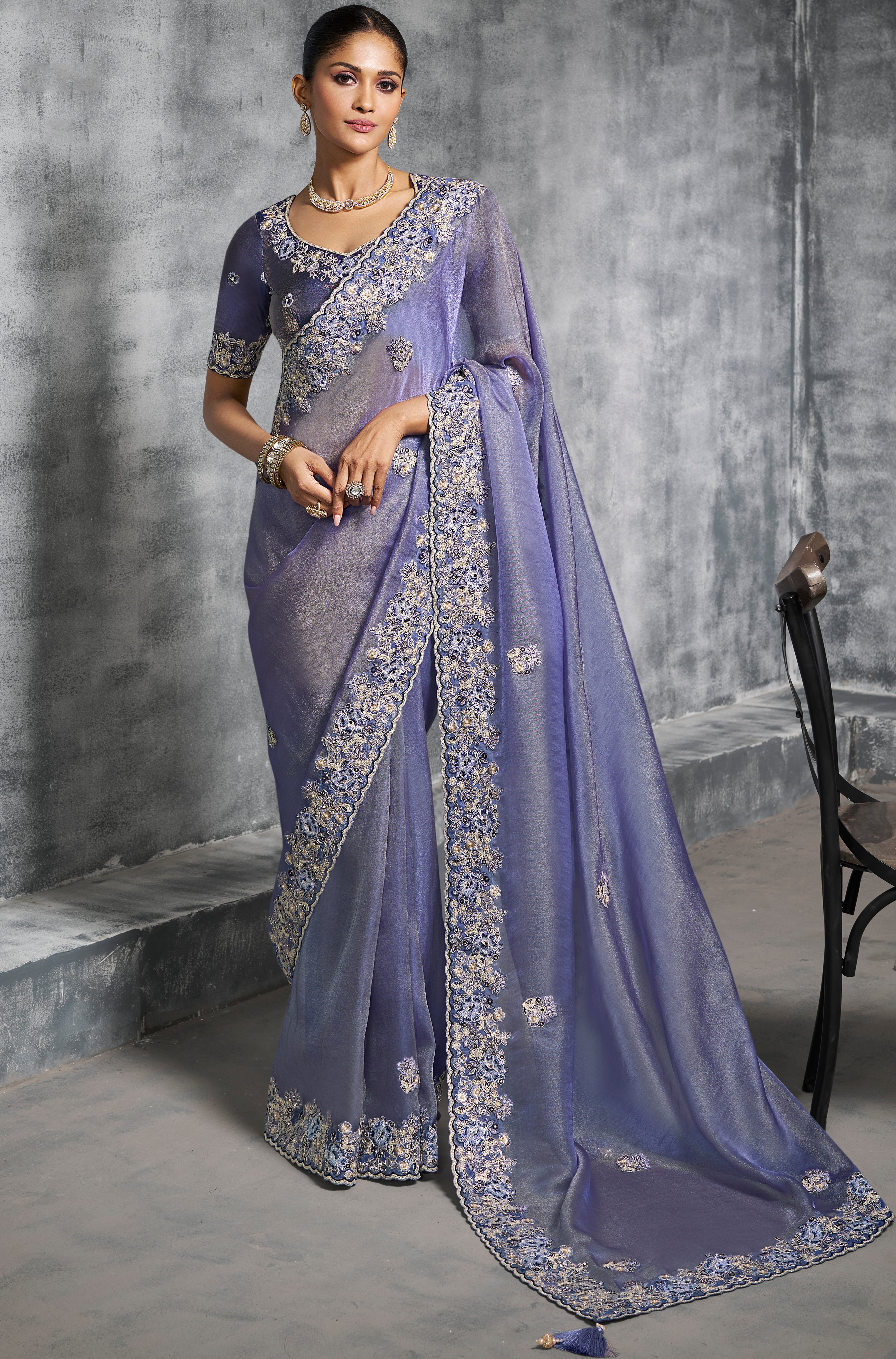 Blue Saree With  Thread Embroidery Work ,Hand-Finished Stone & Mirror work With Embroidery Blouse