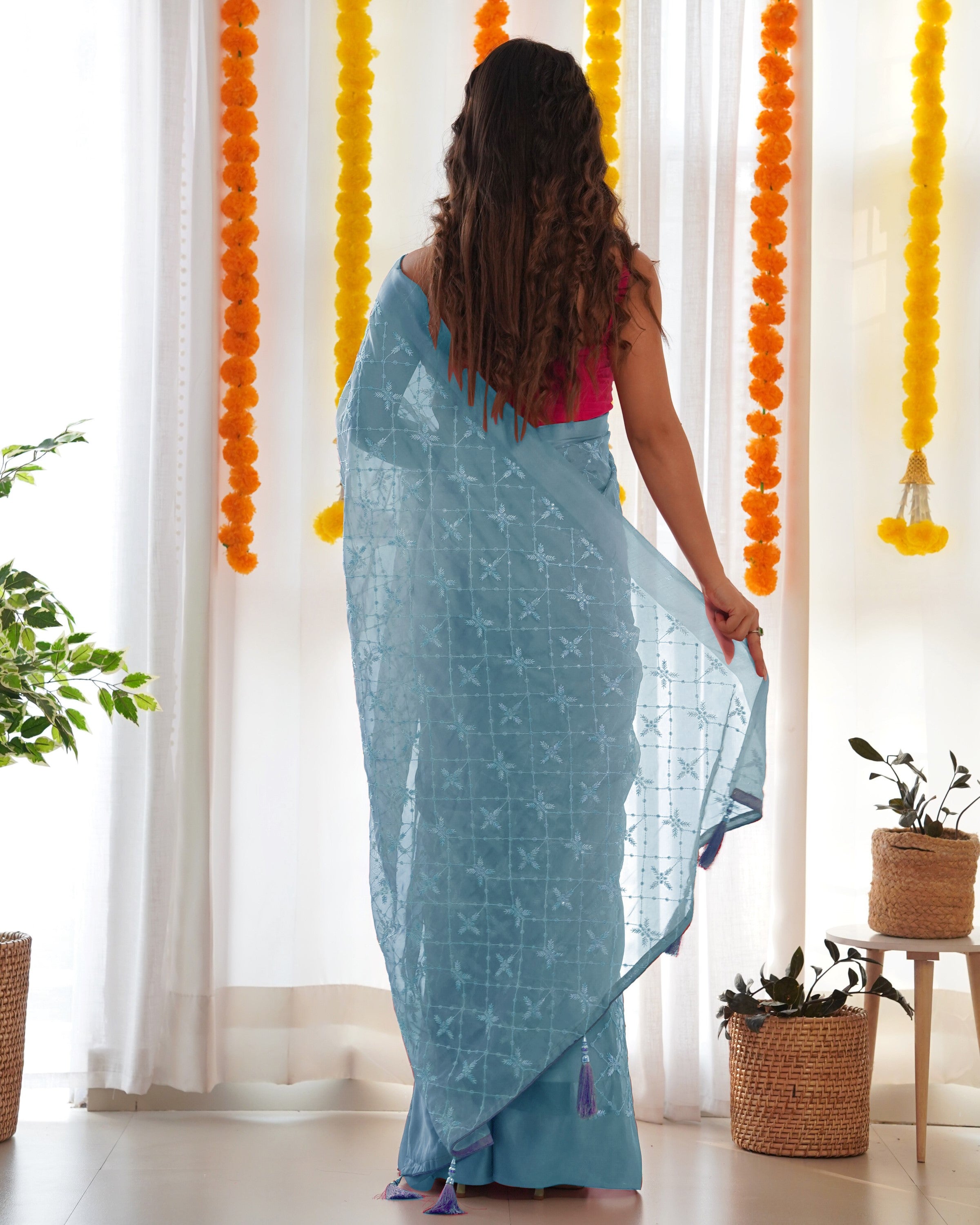 Blue Satin Georgette Fabric Designer Sequins Embroidery Work Ethnic Partywear Saree