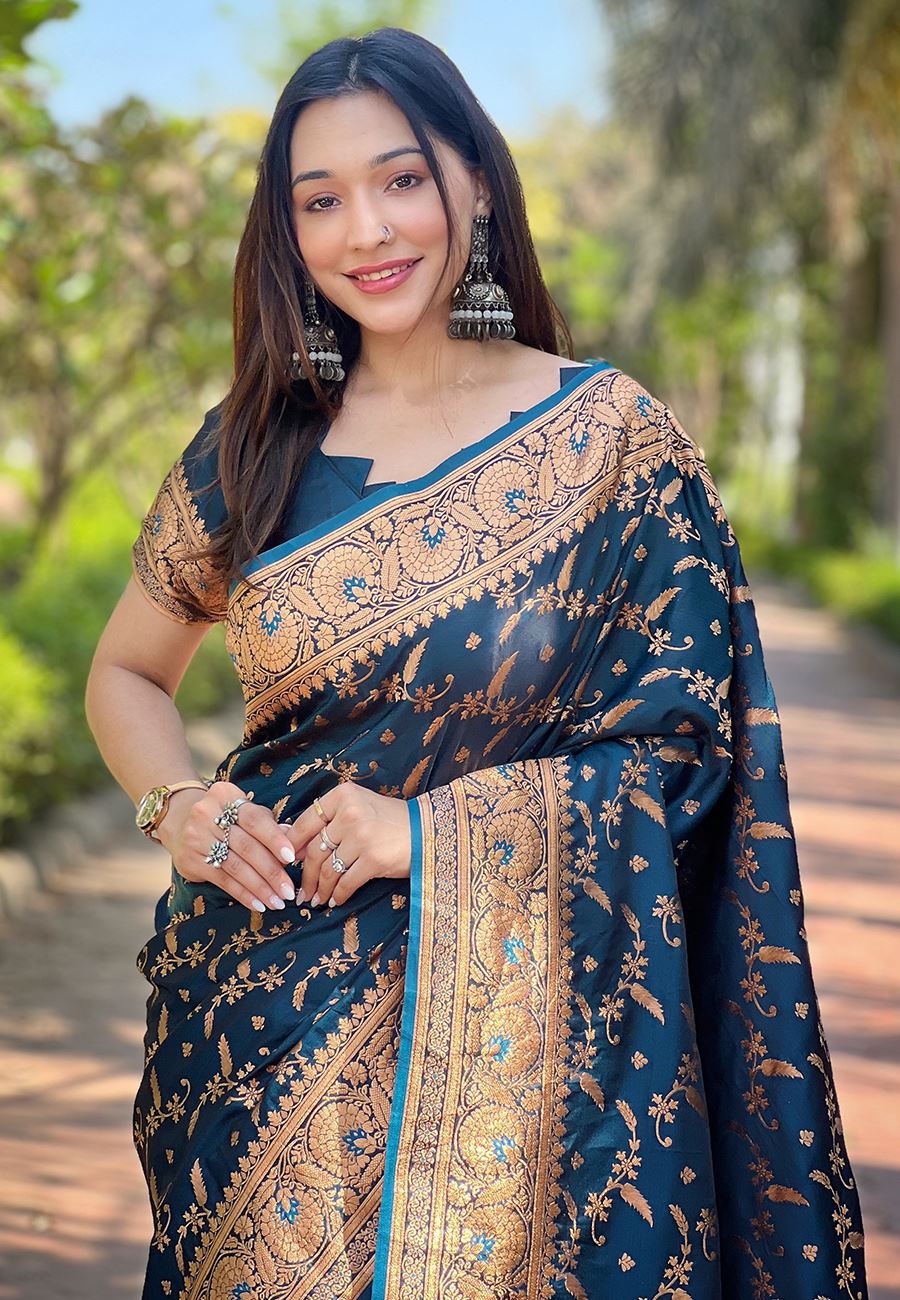 Blue Satin Saree With Woven Work