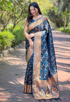 Blue Satin Saree With Woven Work