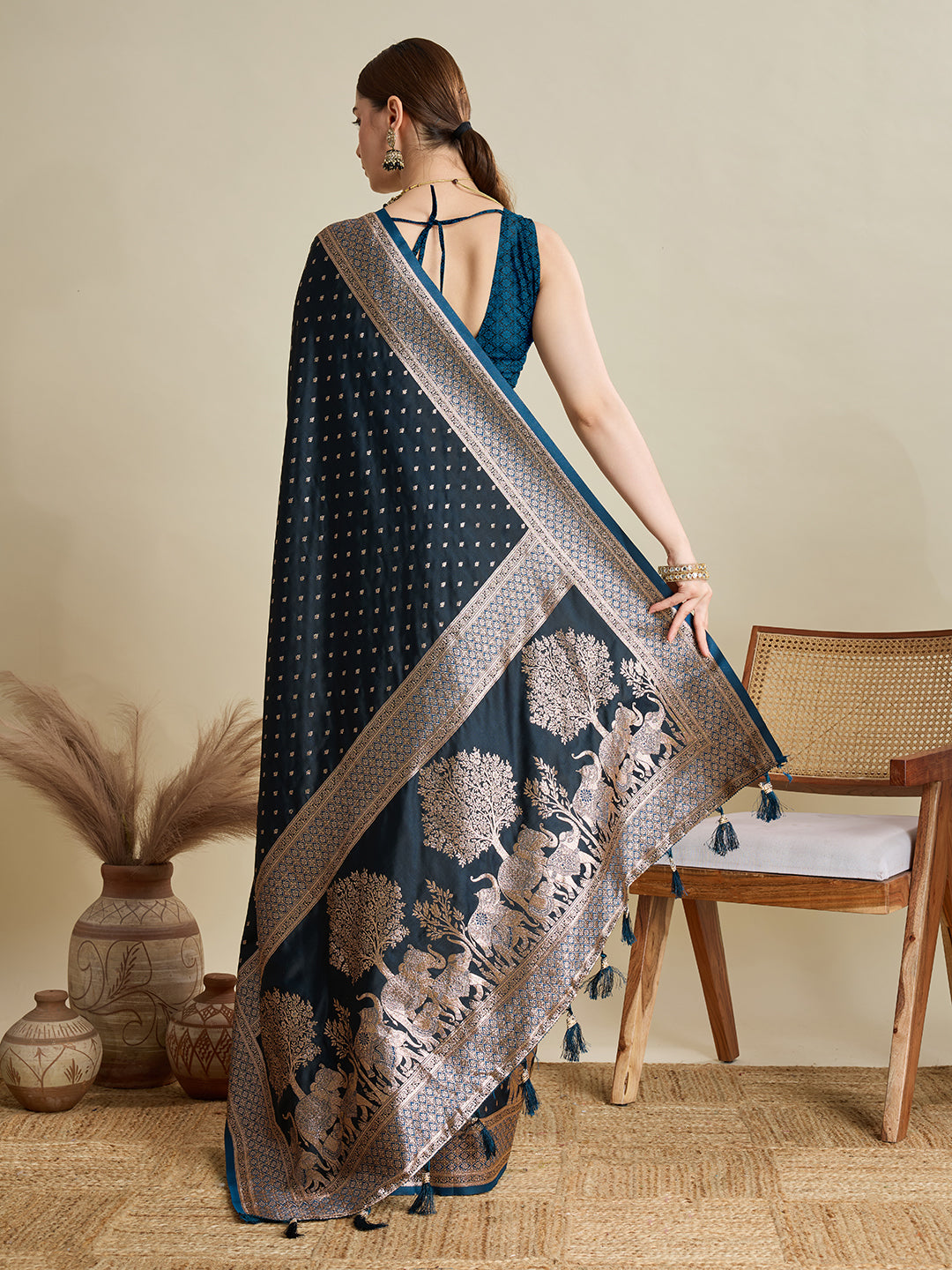 Blue Satin Silk Woven Designer Partywear Saree