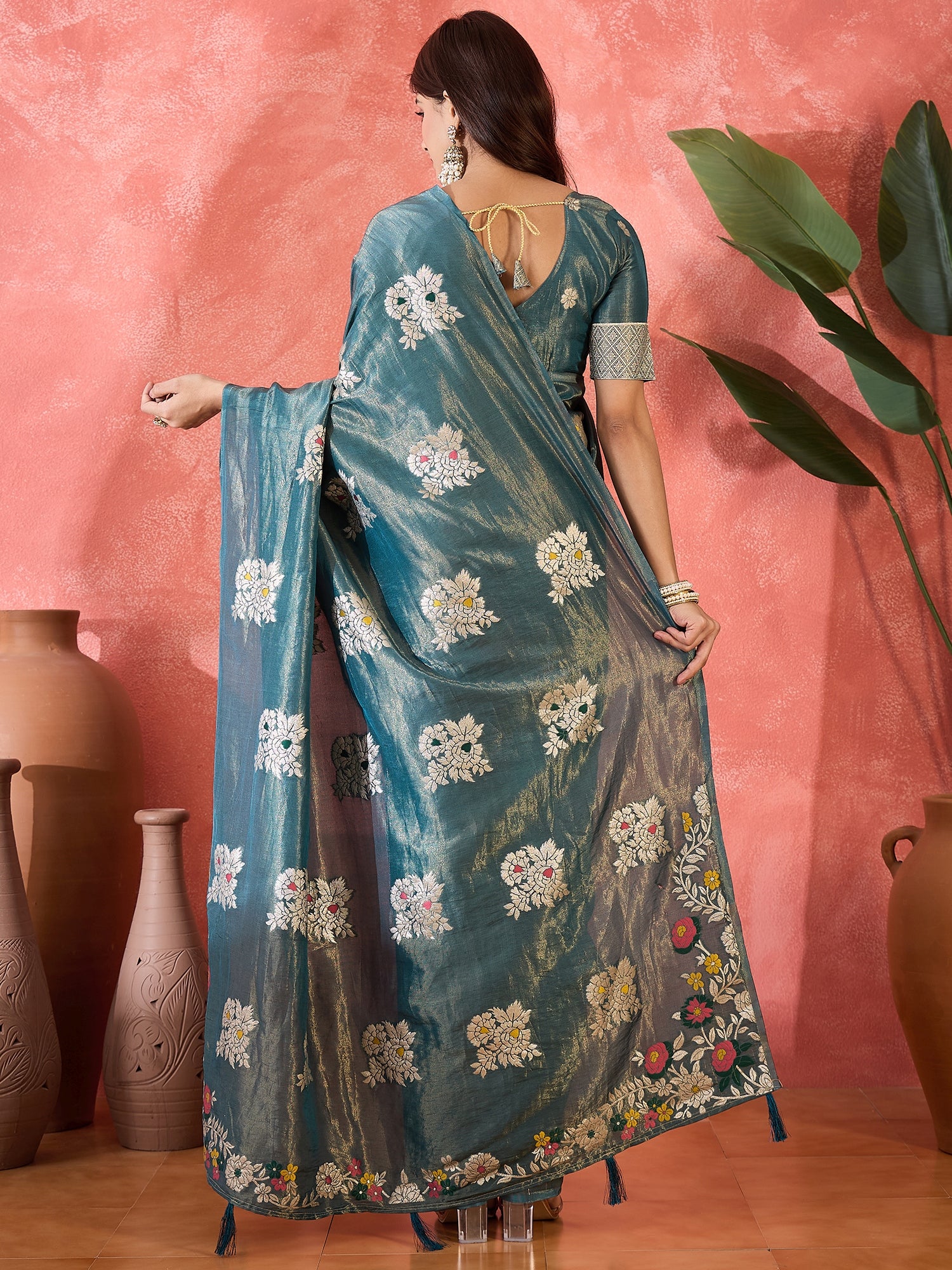 Blue Shimmer Silk Woven Jacquard Designer Traditional Partywear Saree