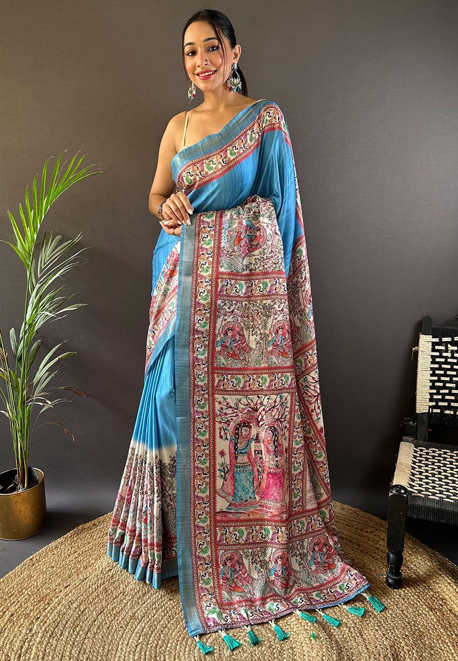 Blue Silk Blend Madhubani Printed Saree