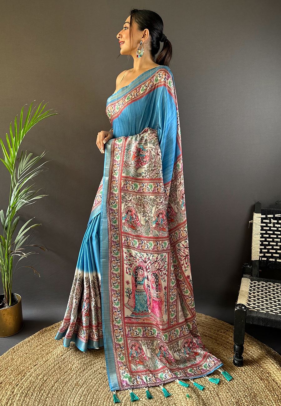 Blue Silk Blend Madhubani Printed Saree
