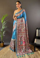 Blue Silk Blend Madhubani Printed Saree