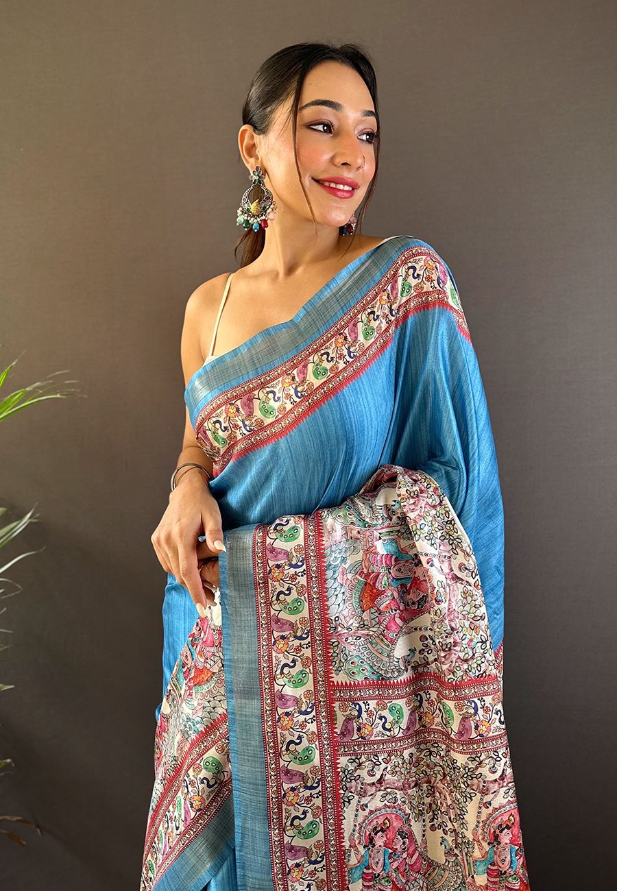Blue Silk Blend Madhubani Printed Saree