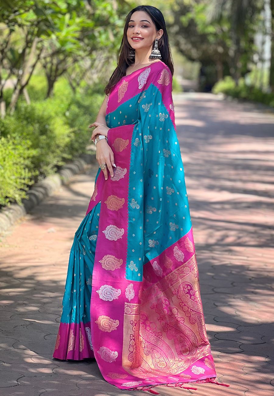 Blue Silk Blend Saree With Floral Border Zari Woven Work