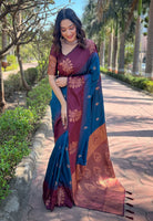 Blue Silk Blend Saree With Floral Border Zari Woven Work