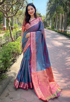 Blue Silk Blend Saree With Zari and Woven Work
