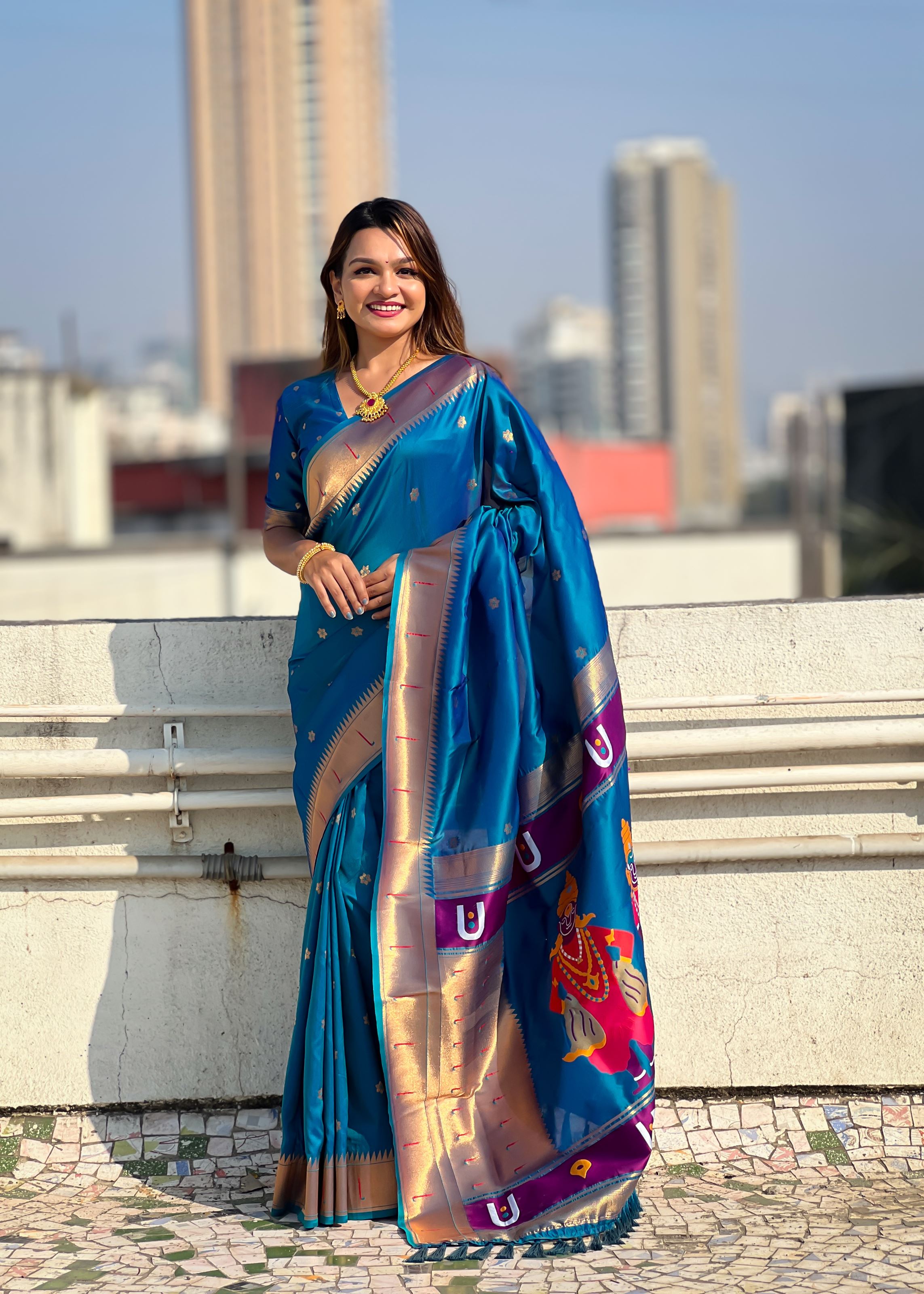 Blue Silk Blend Vitthala God Paithani Silk Saree