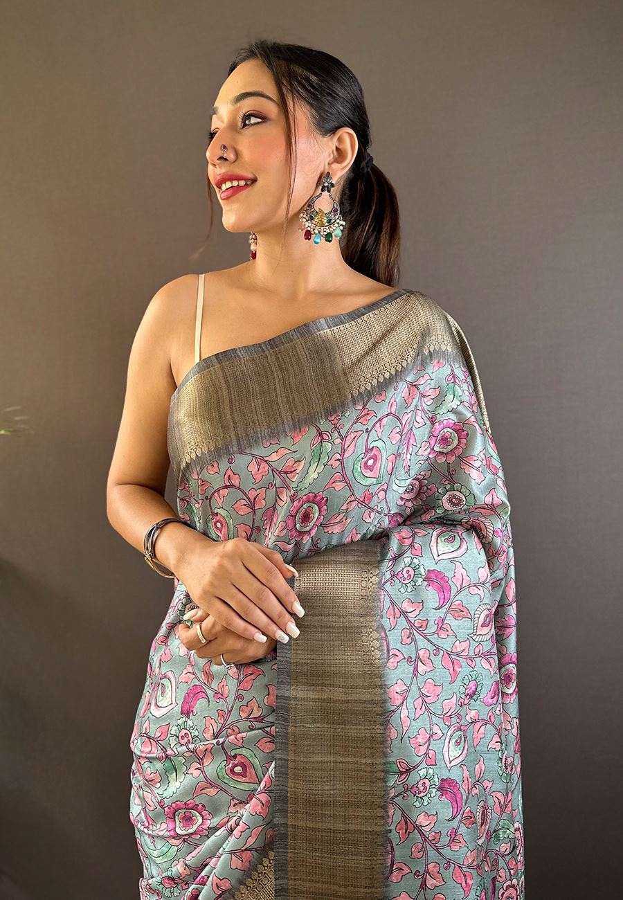 Blue Silk Cotton Kalamkari Printed Saree
